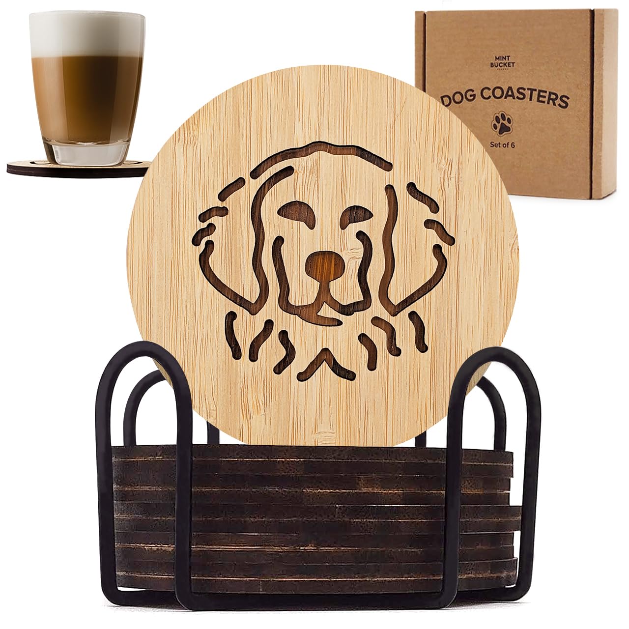 Set Of 6 Bamboo Coasters With Holder - 3.9'' Fun Dog Coasters - Non-Stick Absorbent Engraved Laser-Cut Coasters With Dog Face -