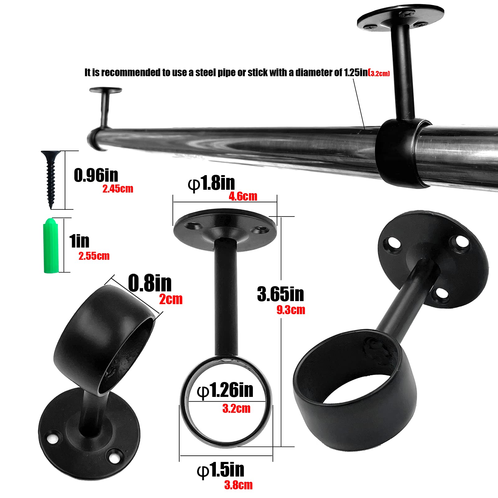 Operseven 1-1/4 Inch 4 Packs Black Heavy Duty Stainless Steel Closet Rod End Supports Closet Pole Sockets Flange Rod Holder With