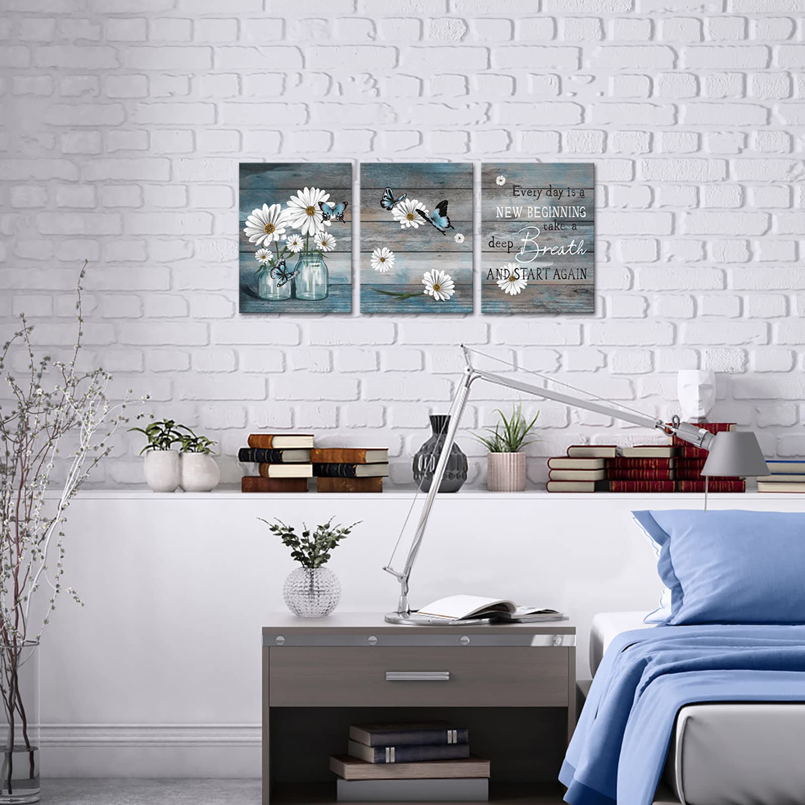 Ryounoart 3 Piece Daisy Wall Art Butterfly Inspirational Picture On Canvas For Kitchen Office Wall Decor Rustic Country Painting