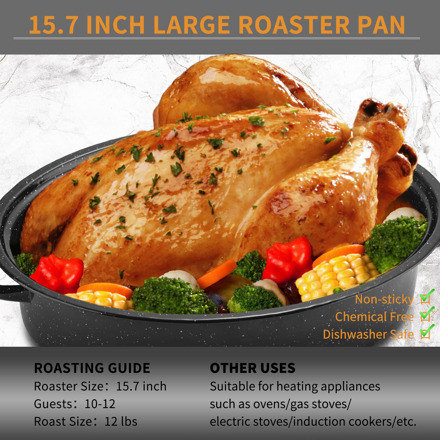 JY COOKMENT Enameled Oval Roaster 15.7" with Domed Lid - Black, Porcelain, Model JY-40, Dishwasher Safe for Turkey, Chicken, Ham