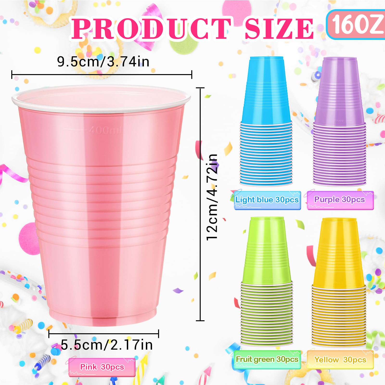 Afarnook 150 Pcs 16oz Plastic Cups Bulk Multiple Colors Disposable Cups Supplies for Birthday Wedding Graduation Halloween Thank