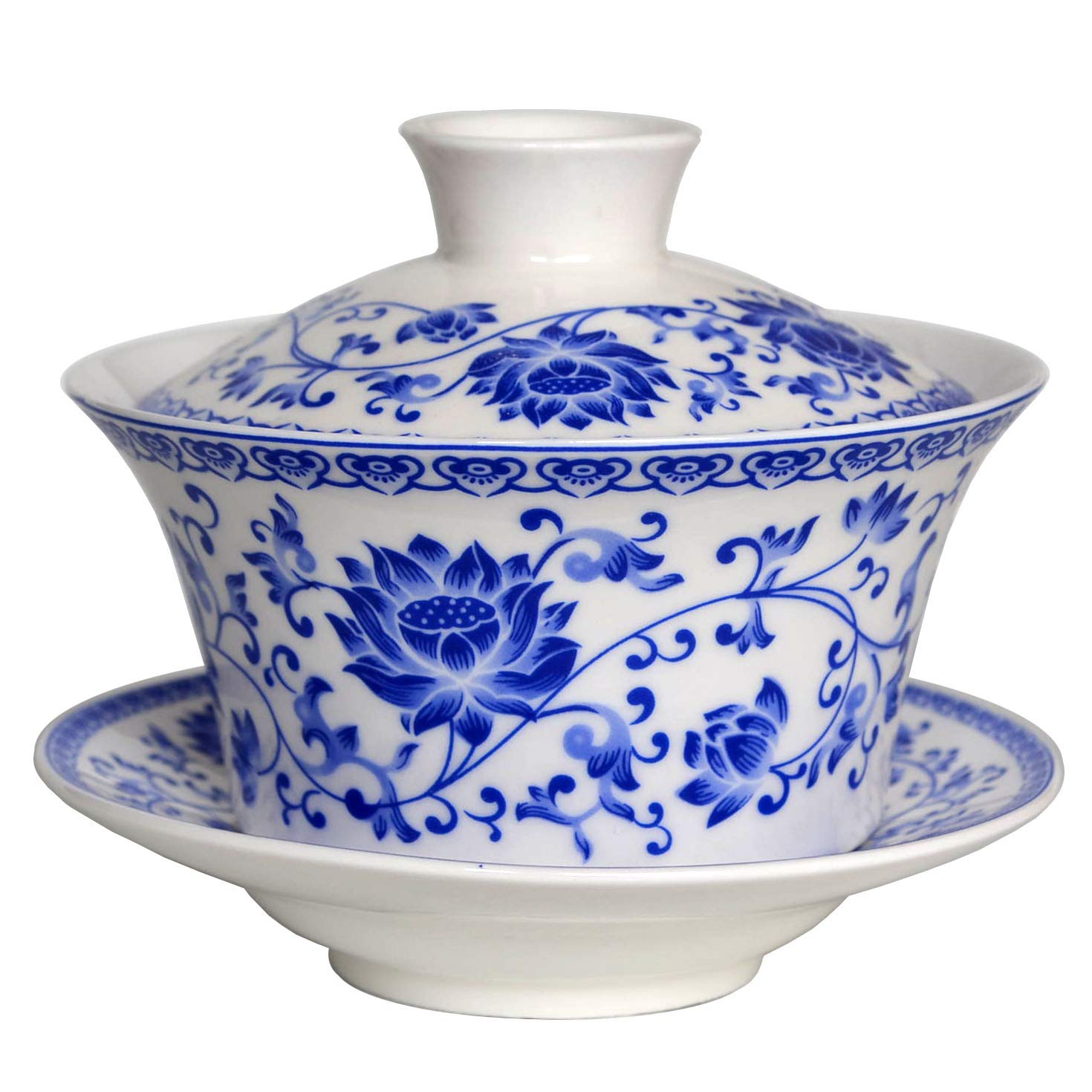 Honeylive Gaiwan Chinese 150Ml-200Ml Sancai Tureen Tray Cup Blue White Porcelain Saucer Lid (Simple A 5Oz)