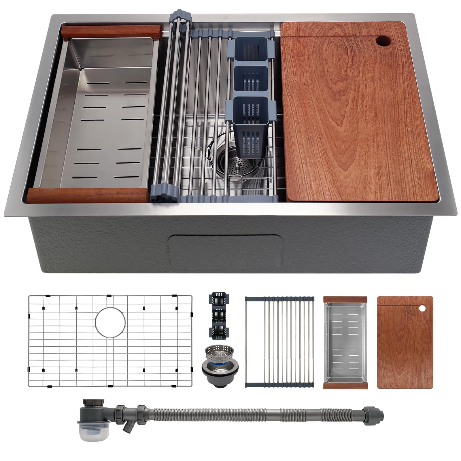 Sanycasa Kitchen Sink 32'' X 19'' Multifunctional Undermount Workstation Kitchen Sink S304 Stainless Steel Handmade Modern Singl