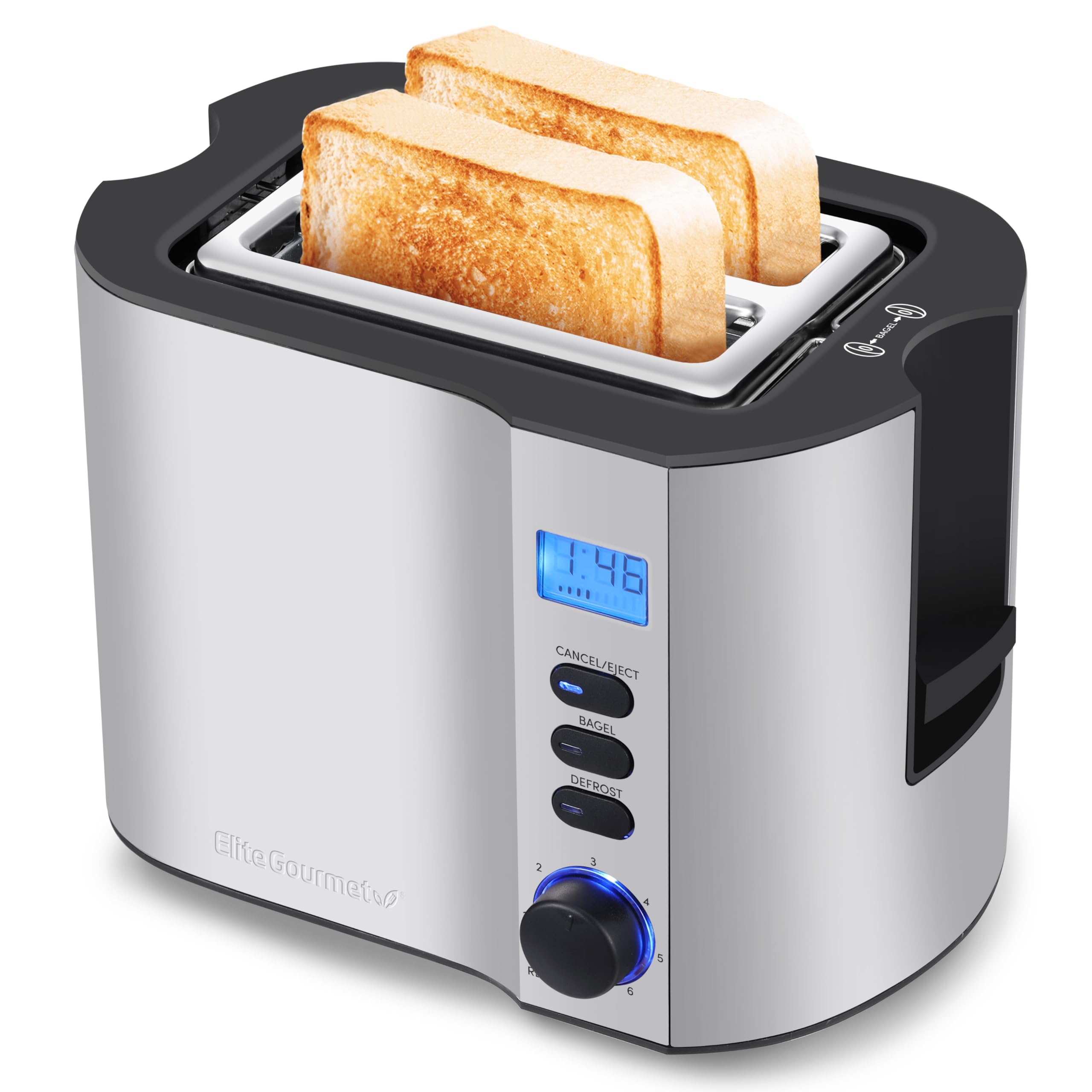 Elite Gourmet 2-Slice Toaster, Stainless Steel, Extra Wide Slot, 6 Toast Settings, Bagel Function, Model ECT2145