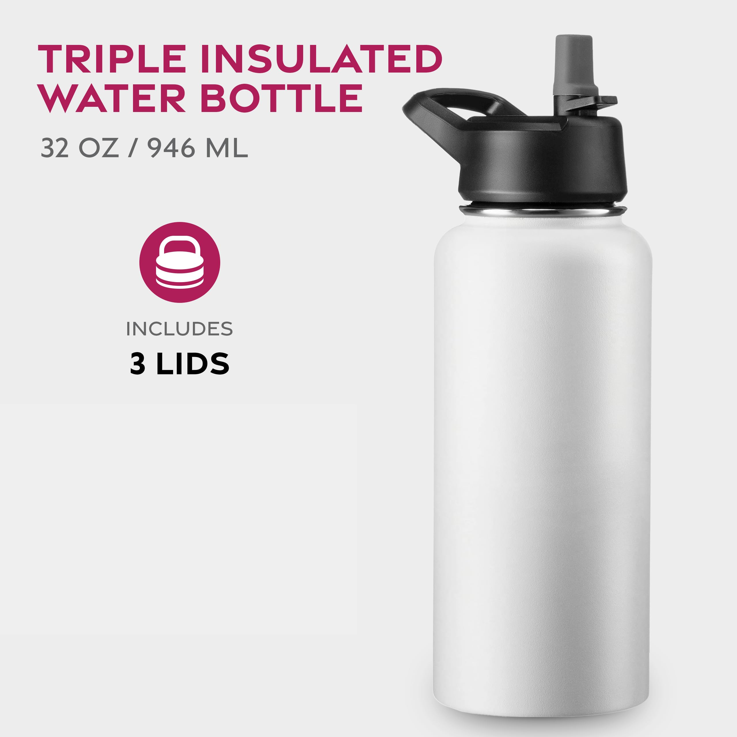 FineDine Triple Walled, Insulated Water Bottles with Straw - 32 Oz Stainless Steel Metal Bottle W/ 3 Leak Proof Lids - For Trave