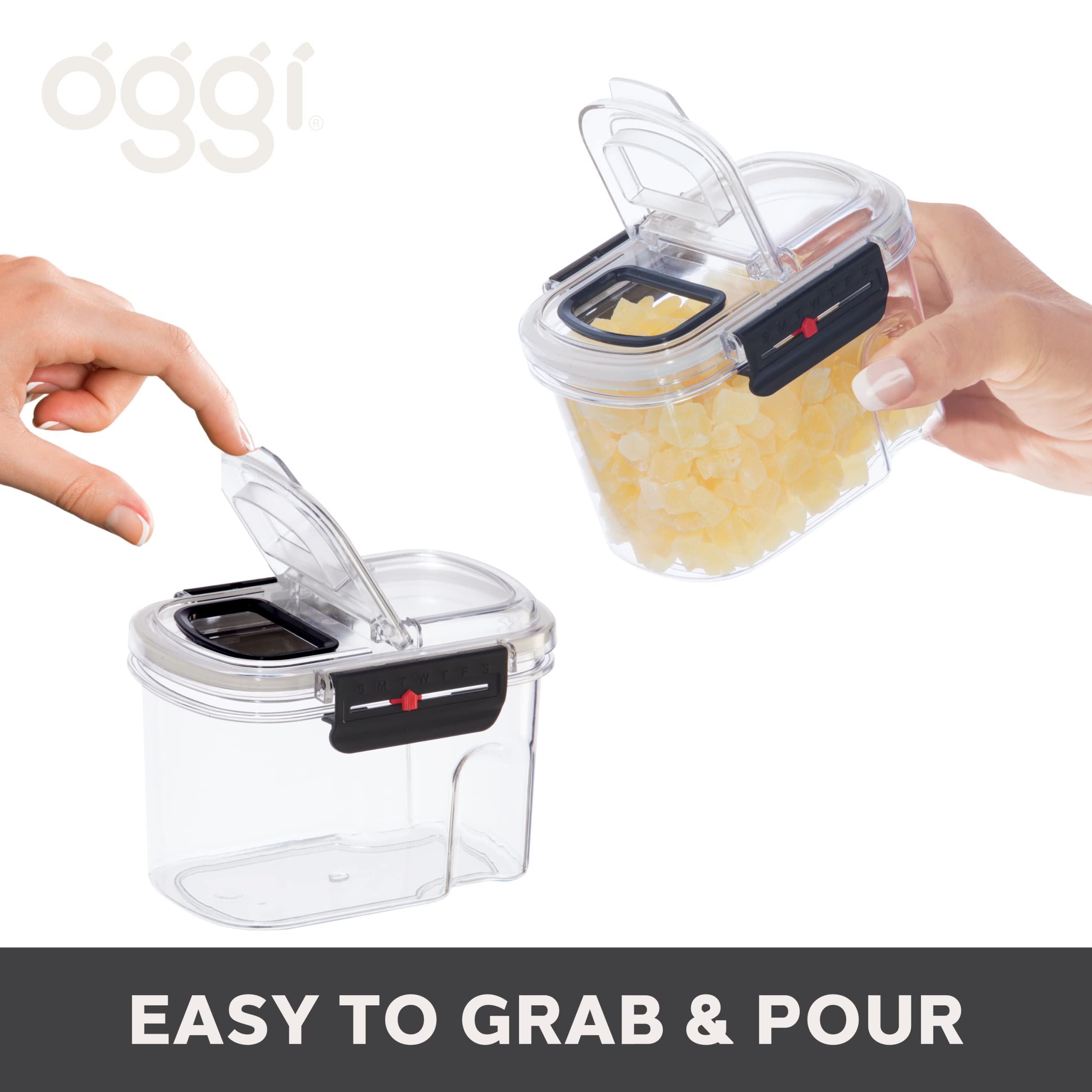 Oggi Easi Grip 23Oz Moisture Proof Storage Container, Ultra Clear Bpa-Free Sealable Canister, Flip Open Pouring Lid, Date Remind