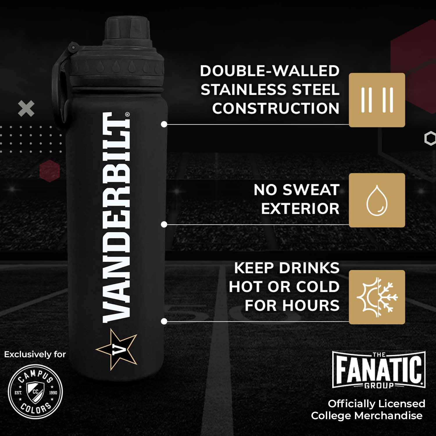 Campus Colors Ncaa Stainless Steel Water Bottle - Twist On Cap - 24 Oz - Carry Clip - Keeps Your Drinks Hot Or Cold For Hours (V