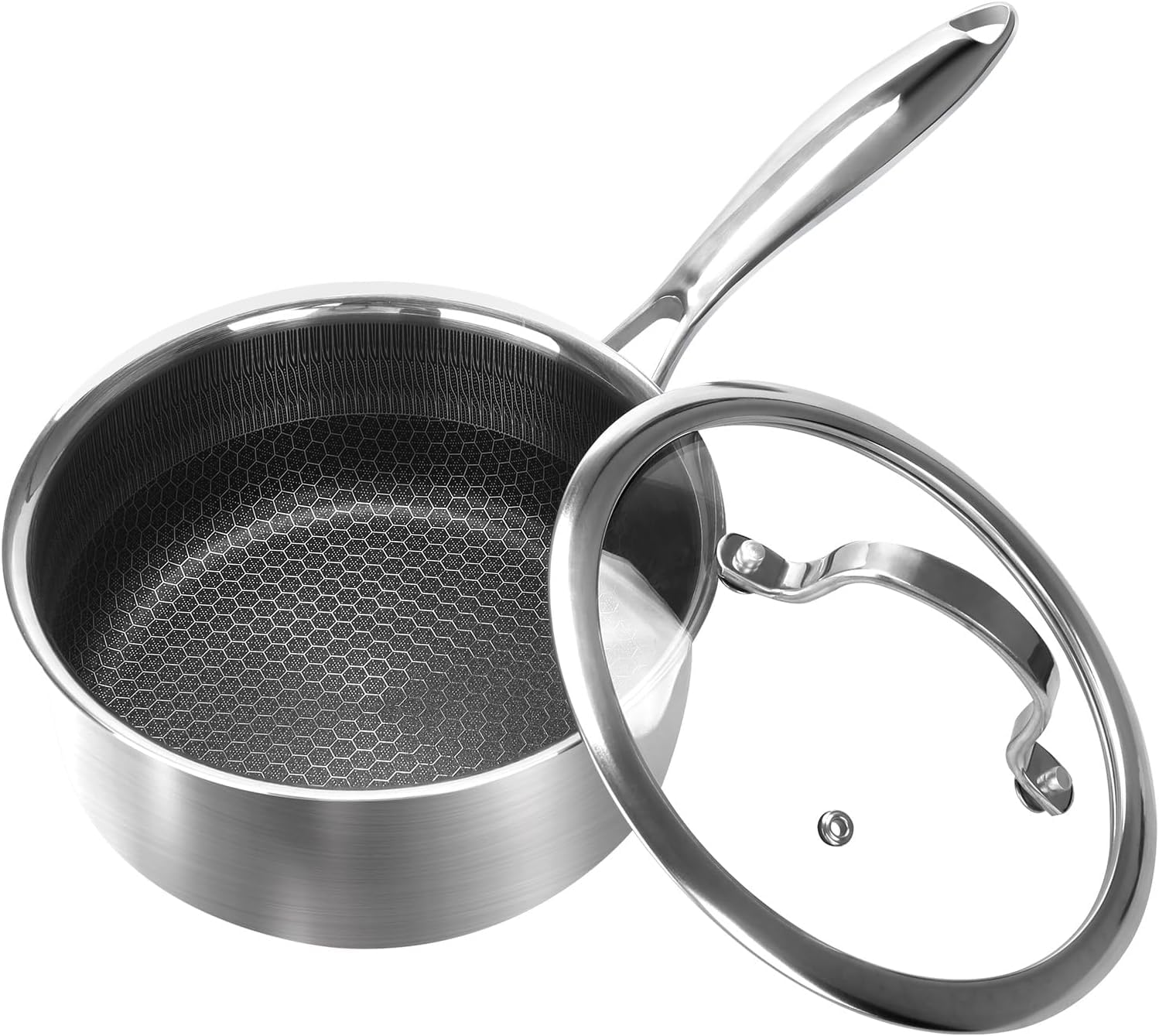 1Qt Stainless Steel Saucepan With Lid, Honeycomb NonStick Cooking Pot, EcoFriendly PfoaFree Coating, Compatible With All Cook