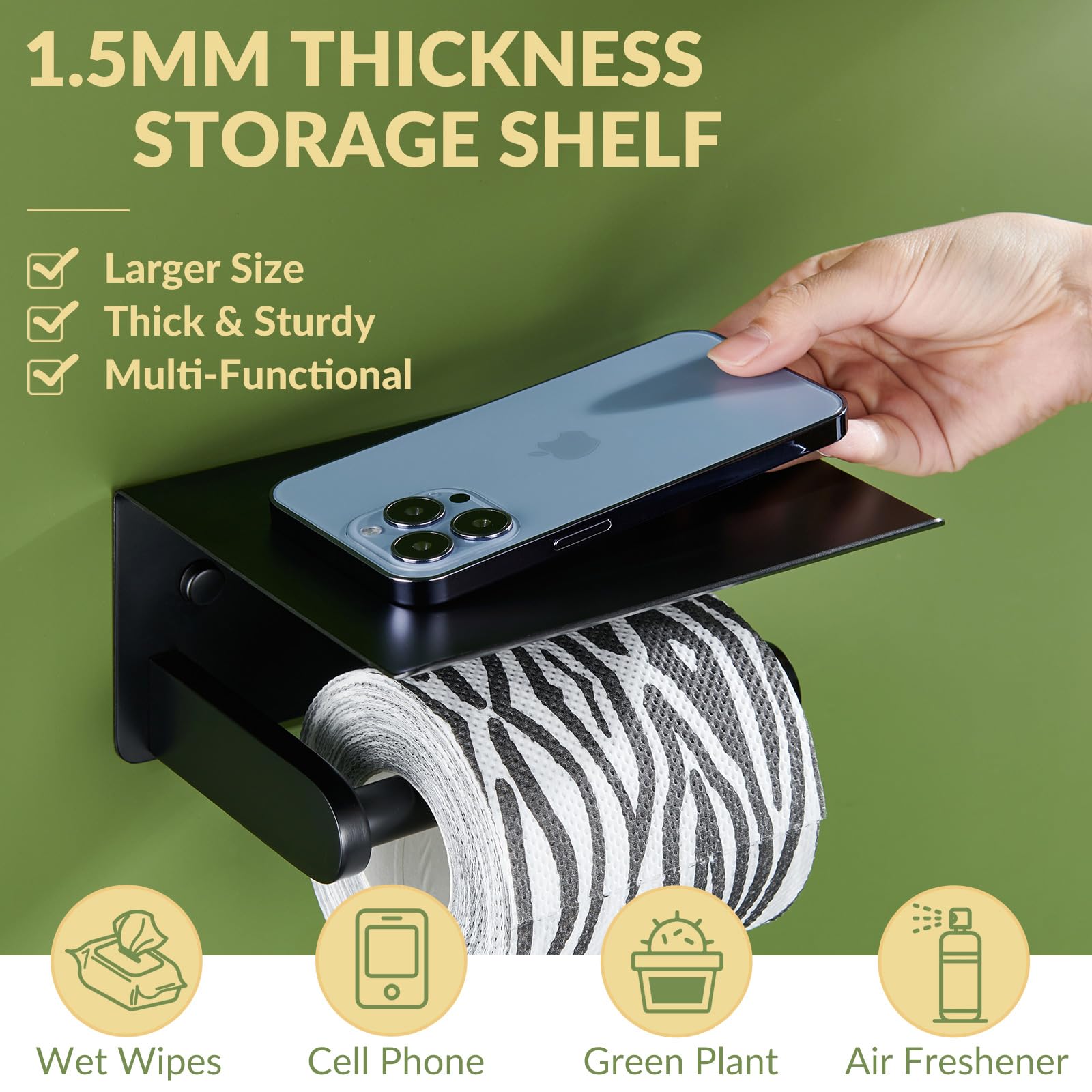 Toilet Paper Holder with Phone Shelf  APLusee SUS 304 Stainless Steel Bathroom Tissue Holder  Wall Mounted Roll Paper Dispenser  Matte Black