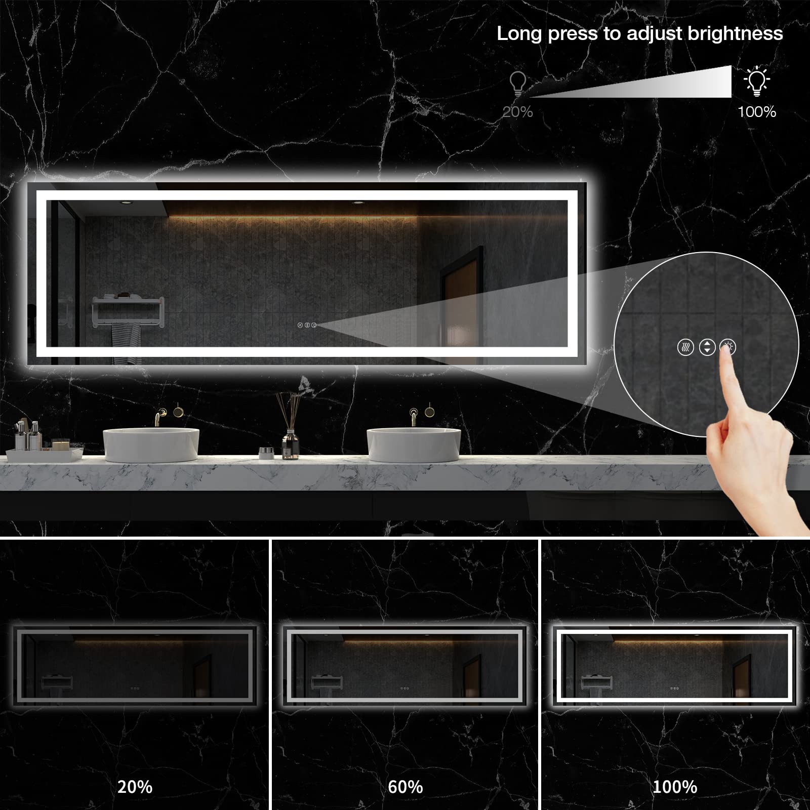 LOAAO 84X32 LED Bathroom Mirror with Lights  Anti-Fog  Dimmable  Backlit + Front Lit  Lighted Bathroom Vanity Mirror for Wall  Memory Function  Tempered Glass  ETL Listed