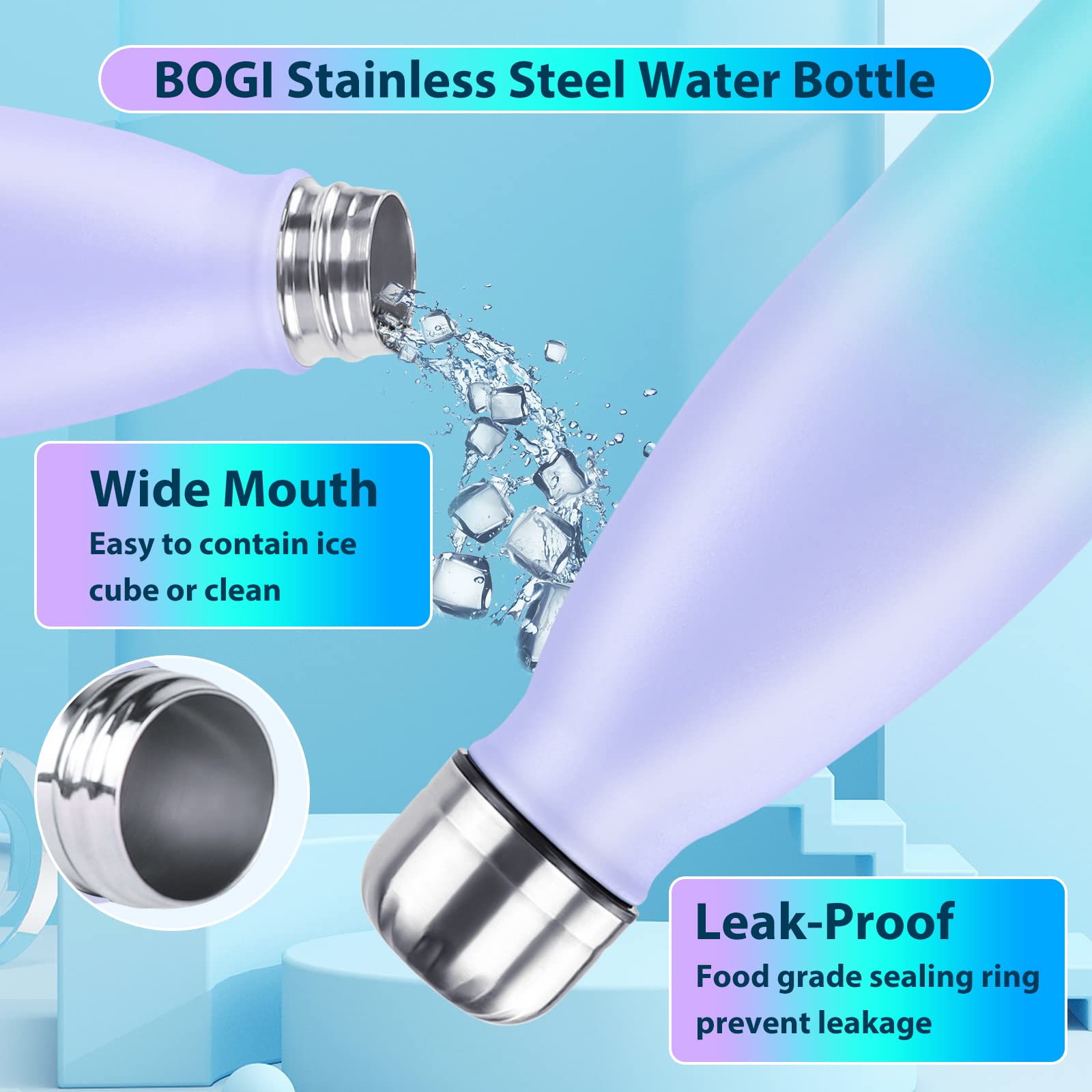 Bogi Insulated Water Bottle, 25Oz Stainless Steel Water Bottles, Leak Proof Sports Metal Water Bottles Keep Cold For 24 Hours An