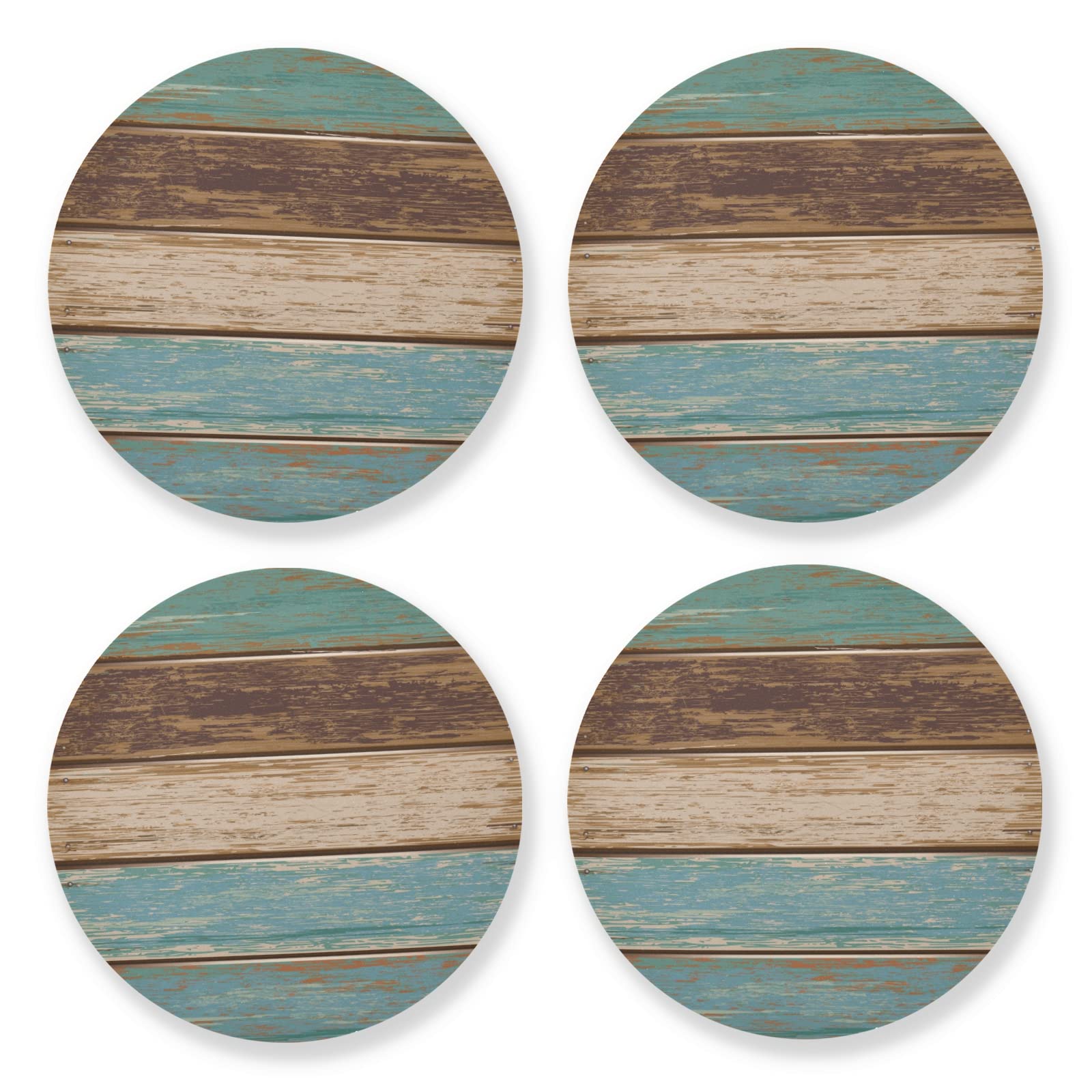 Teal Green Brown Retro Rustic Wood Pattern Drinks Coasters, Non-Scratch Cork Base Round Cups Mats For Home Kitchen Bar Decor