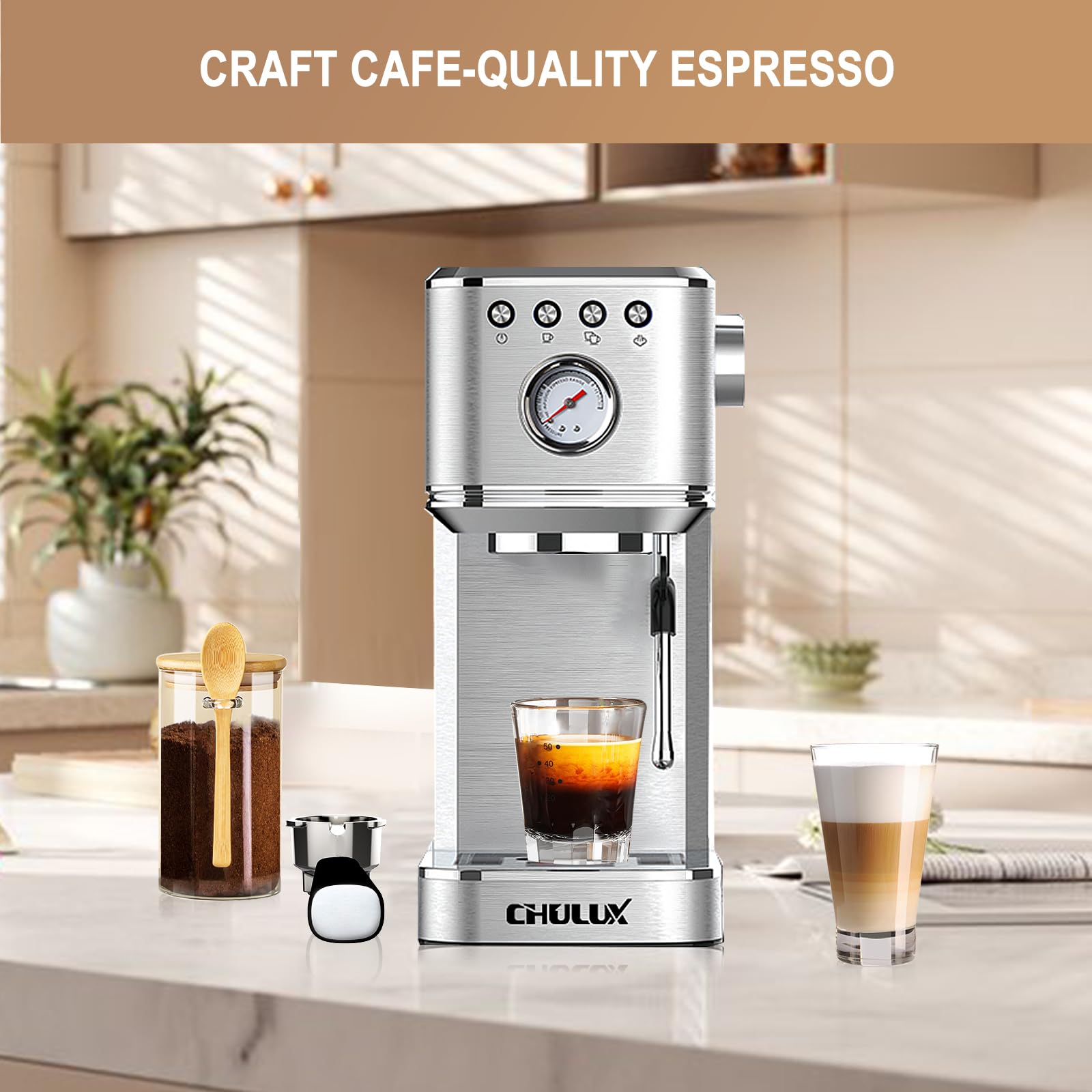 Chulux Kom-Pro Espresso Machine 20 Bar, Semi Automatic Stainless Steel Coffee Machine For Home Latte Cappuccino Espresso Maker,