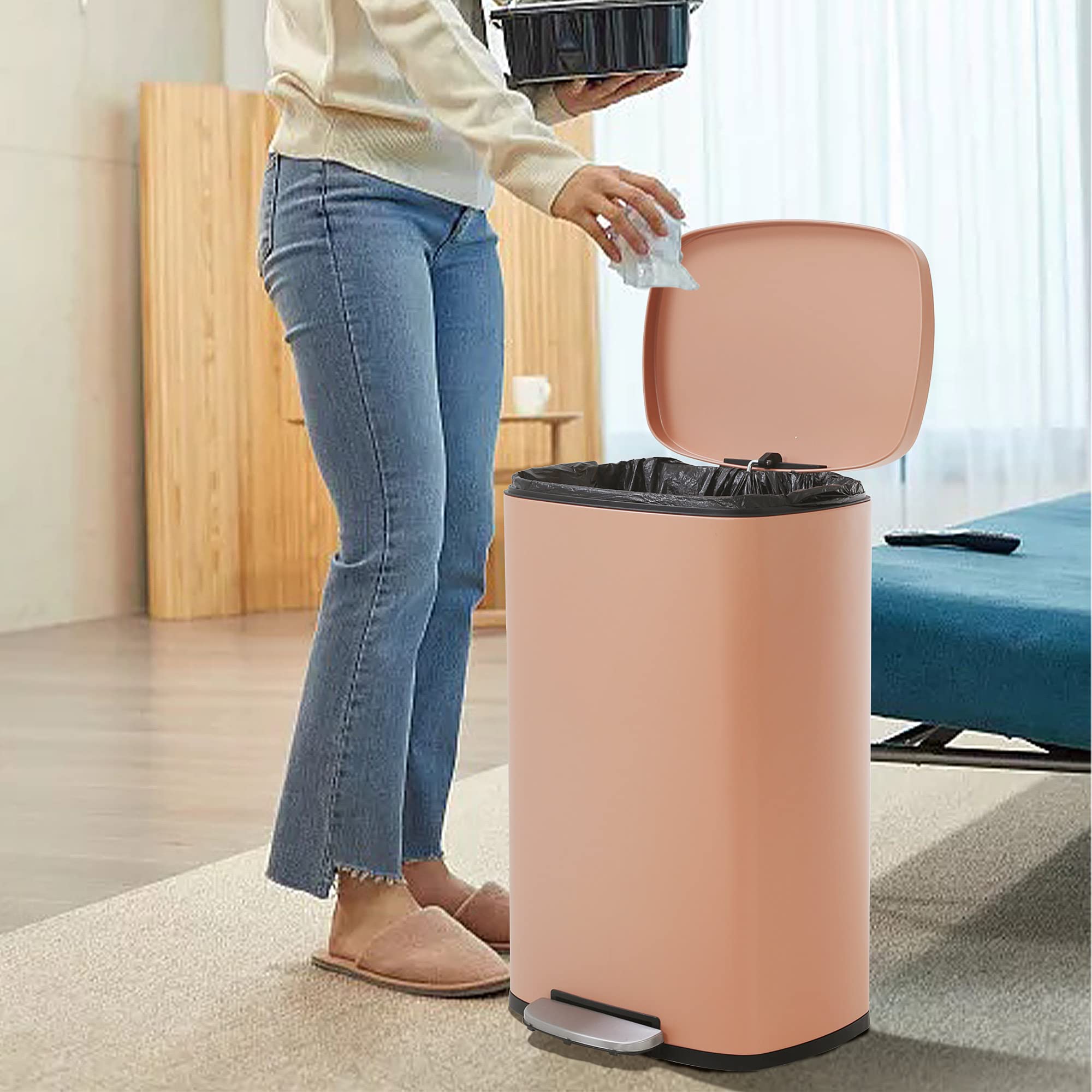 50 Liter / 13 Gallon Kitchen Trash Can With Lid, Stainless Steel Trash Can With Foot Pedal And Plastic Inner Bucket, Fingerprint