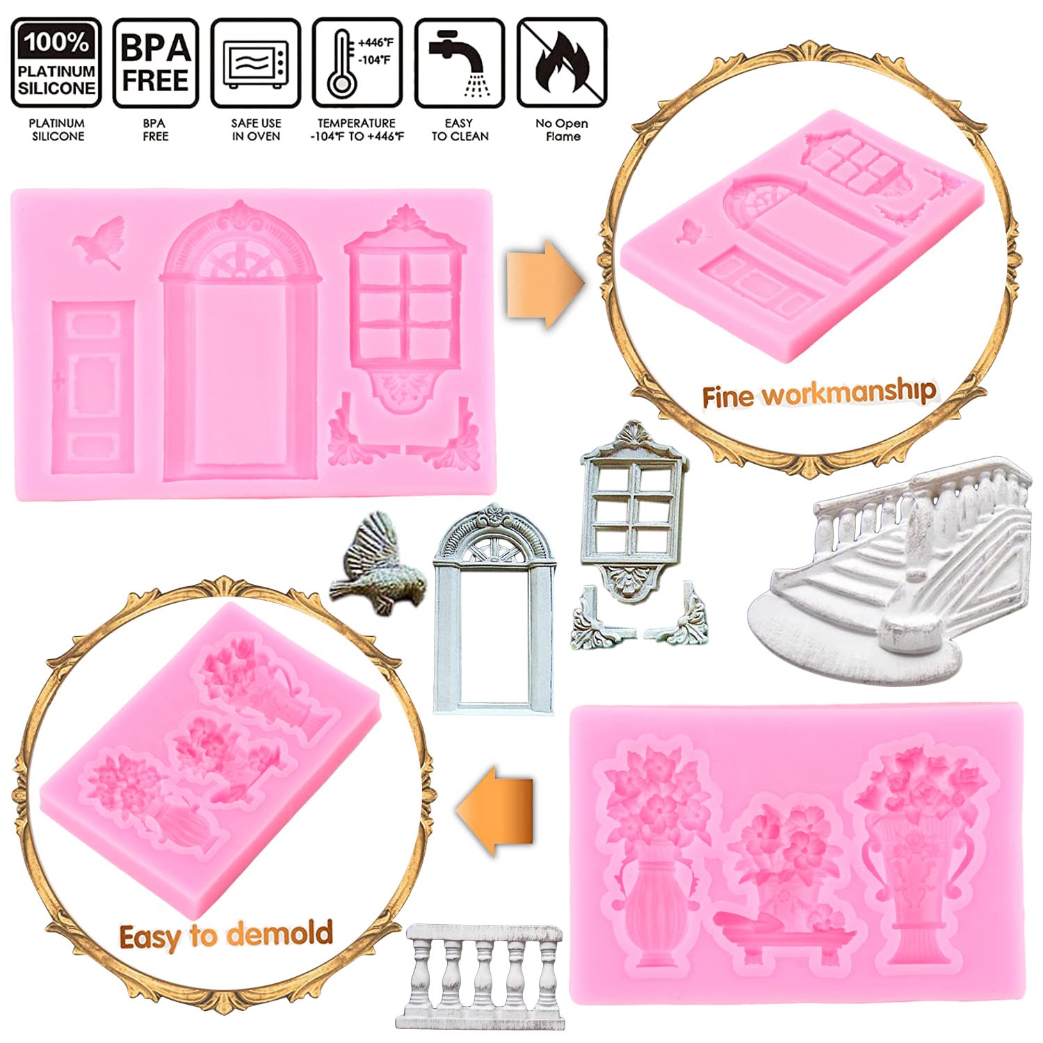 Mujiang Enchanted Vintage Fairy Garden Fairy Gnome Home Door Window Silicone Chocolate Fondant Molds Flower Bird Staircase Raili