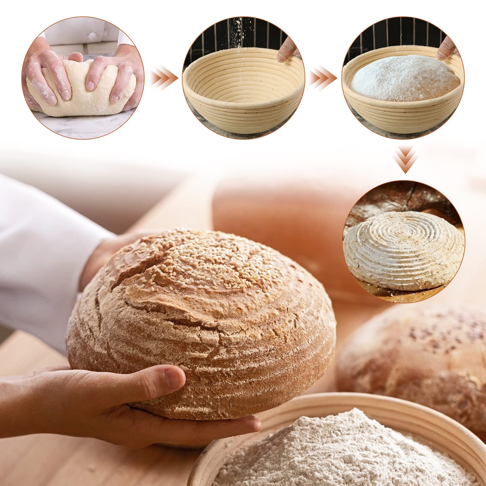 Snaildigit Banneton Bread Proofing Basket Set Of 2: 9 Inch Round Sourdough Proofing Bowls For Artisan Bread Making For Professio