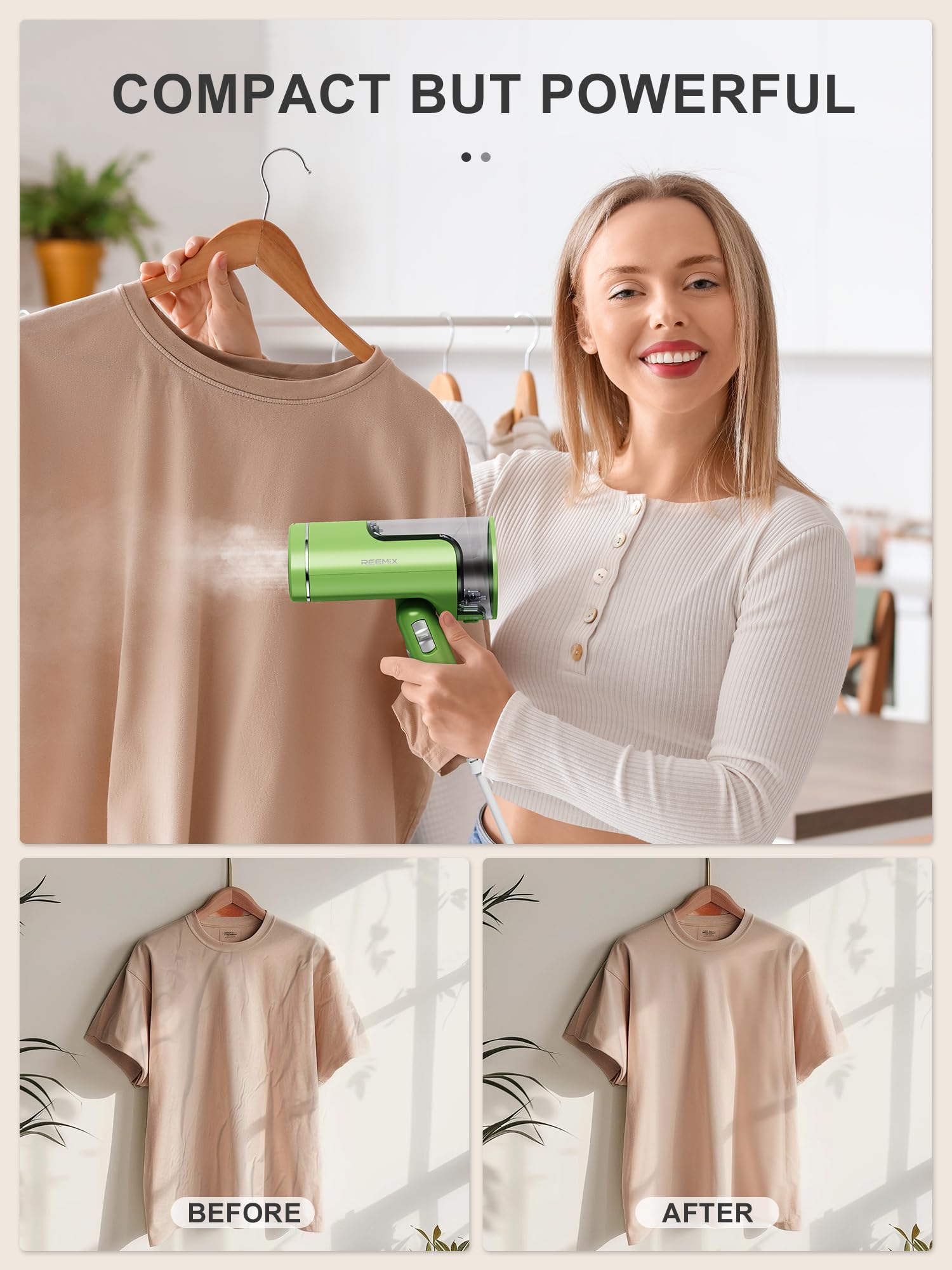 Reemix Portable Garment Steamer, Powerful Foldable Handhled Steamer 1300W, Travel Size Steamer For Clothes 20S Fast Heat-Up, Fab