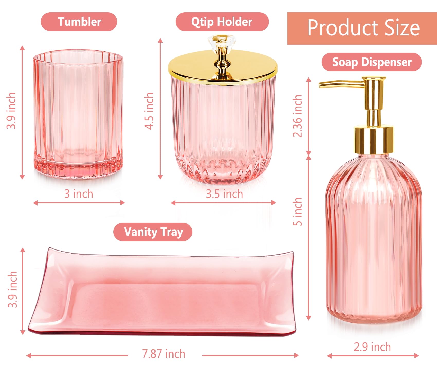 Bathroom Accessories Set  4 Pcs Glass Bathroom Accessories Sets Complete w/Lotion Soap Dispenser  Toothbrush Holder  Apothecary Jar  Vanity Tray  Modern Bathroom Decor  Gift for Home Apartment- Pink