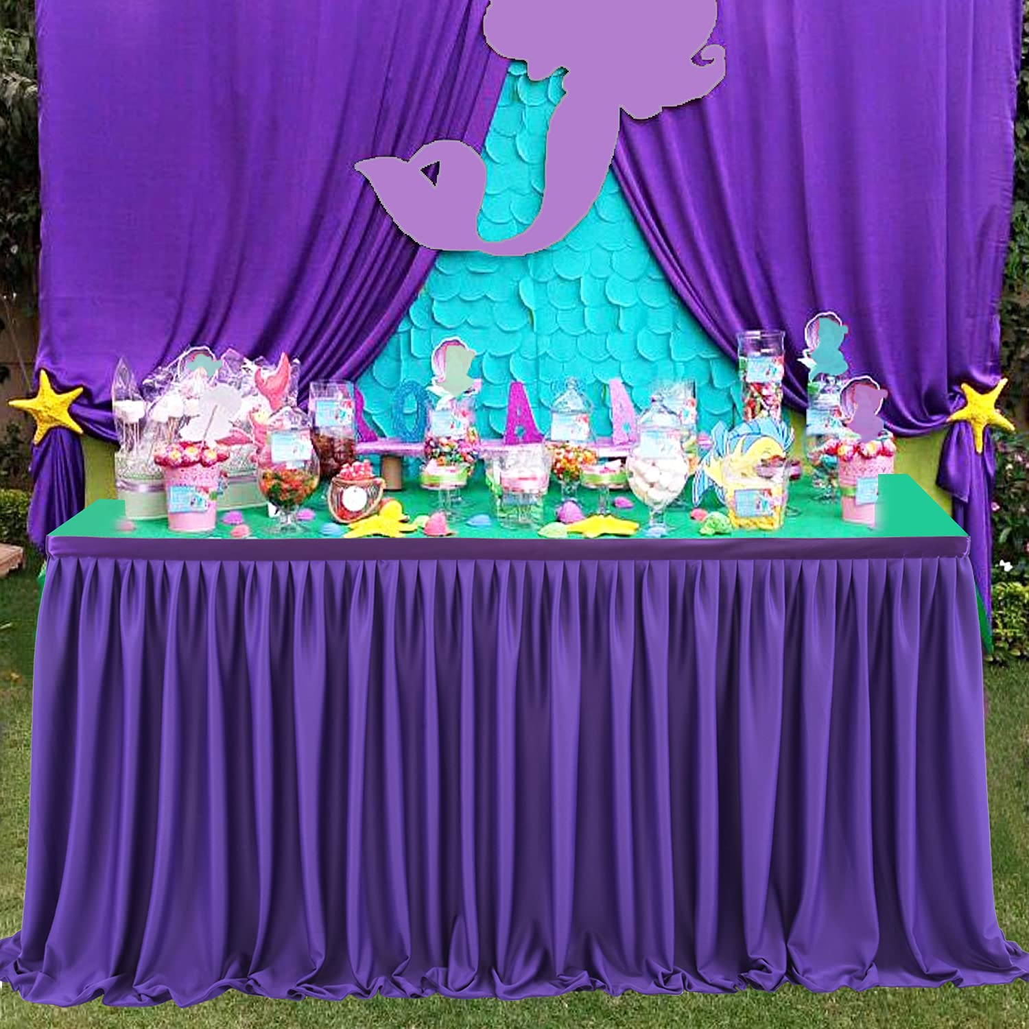 Leegleri 14 Ft Purple Polyester Pleated Table Skirt For Rectangle Table,Ruffle Tutu Table Cloth For Baby Shower Wedding,Birthday