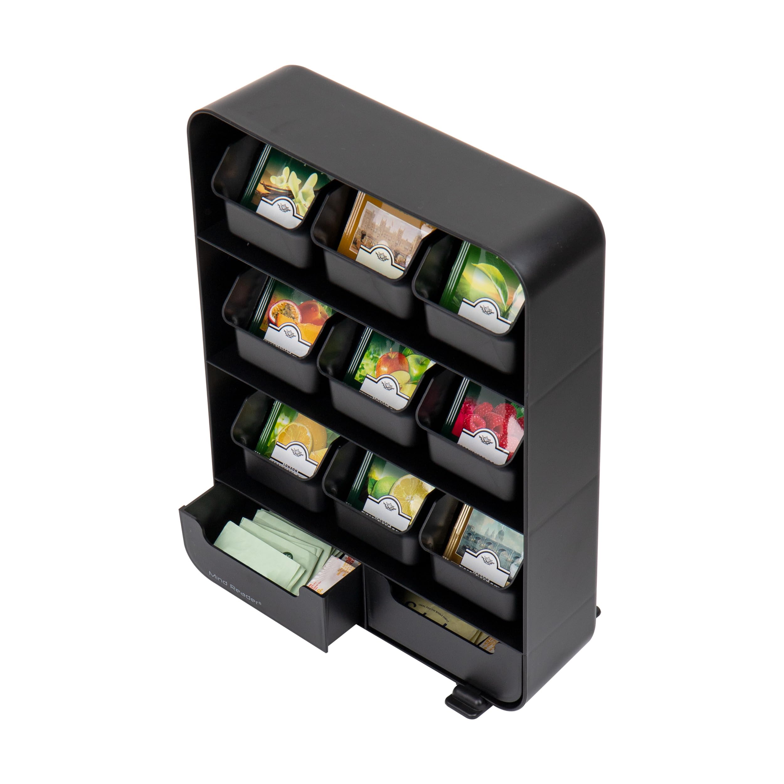 Mind Reader Tea Bag Organizer, Tea Station Organizer, Countertop Storage, Kitchen, Plastic, 10.25''L X 3.25''W X 13.75''H, Black