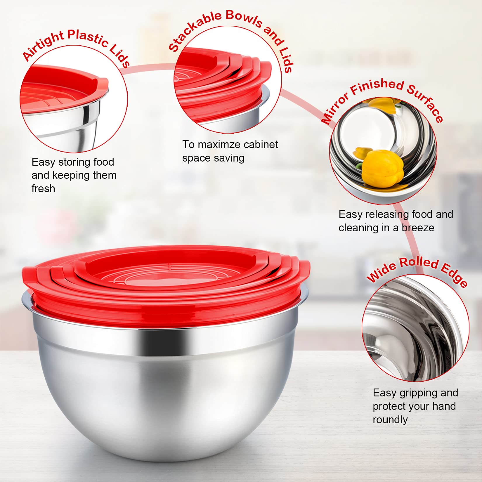 P&P Chef Mixing Bowls With Red Lids Set, Stainless Steel Mix Nested Bowl For Salad Fruits Egg Cream Mixing, Size 4.6, 3, 1.5, 1,