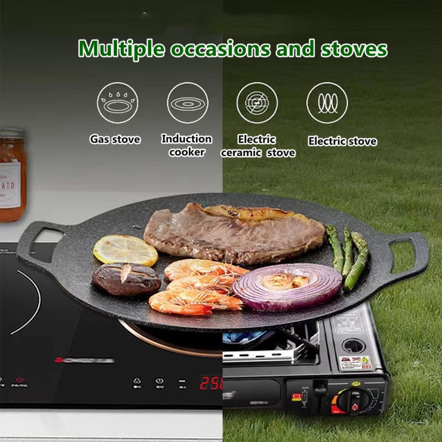 Ifashihome Korean Style Bbq Grill Pan,13'' Non-Stick Smokeless Circular Grill Pan,Medical Stone Coated Barbecue Stovetops Frying