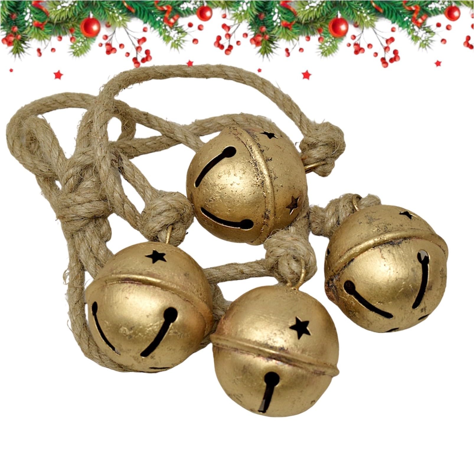 Christmas Sleigh Bells, Hanging Bells Vintage Cowbell Brass Gold Rustic Harmony Metal Jingle Bells Cluster, Tree Bells on Jute R