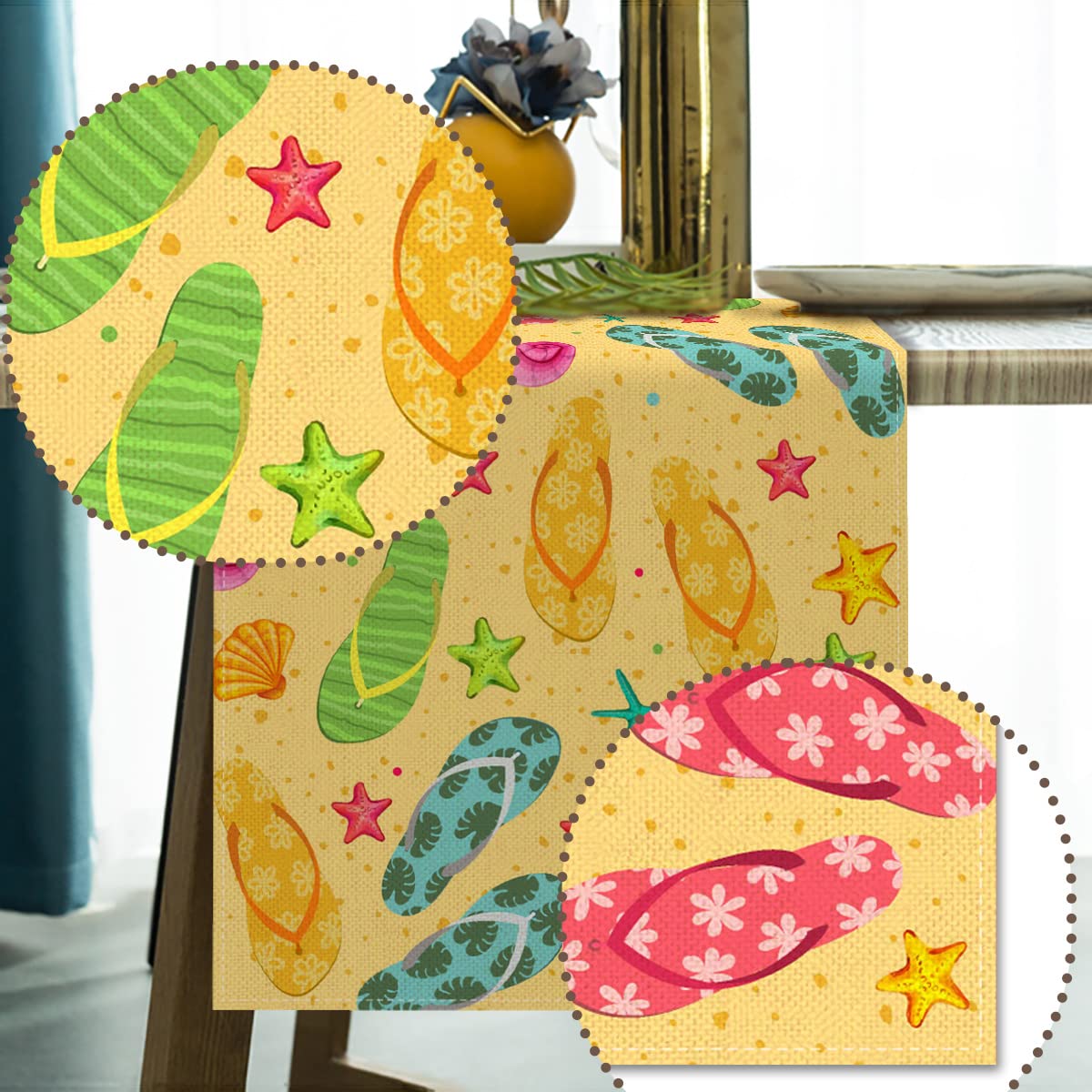 Vohado Linen Summer Flip Flop Table Runner 72Inches Long Beach Hawaiian Party Decorations Starfish Shell Slipper Home Kitchen Di