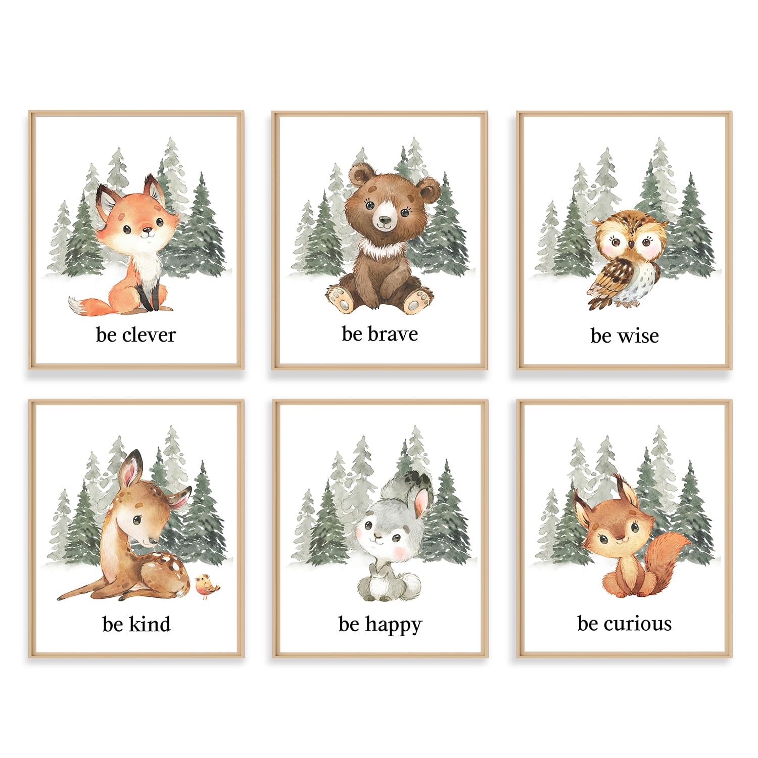 Dazzlewall 6 Pcs Nursery Animal Wall Art Poster Forest Deer Bear Fox Prints, Motivational Quotes Poster For For Baby Kids Room D