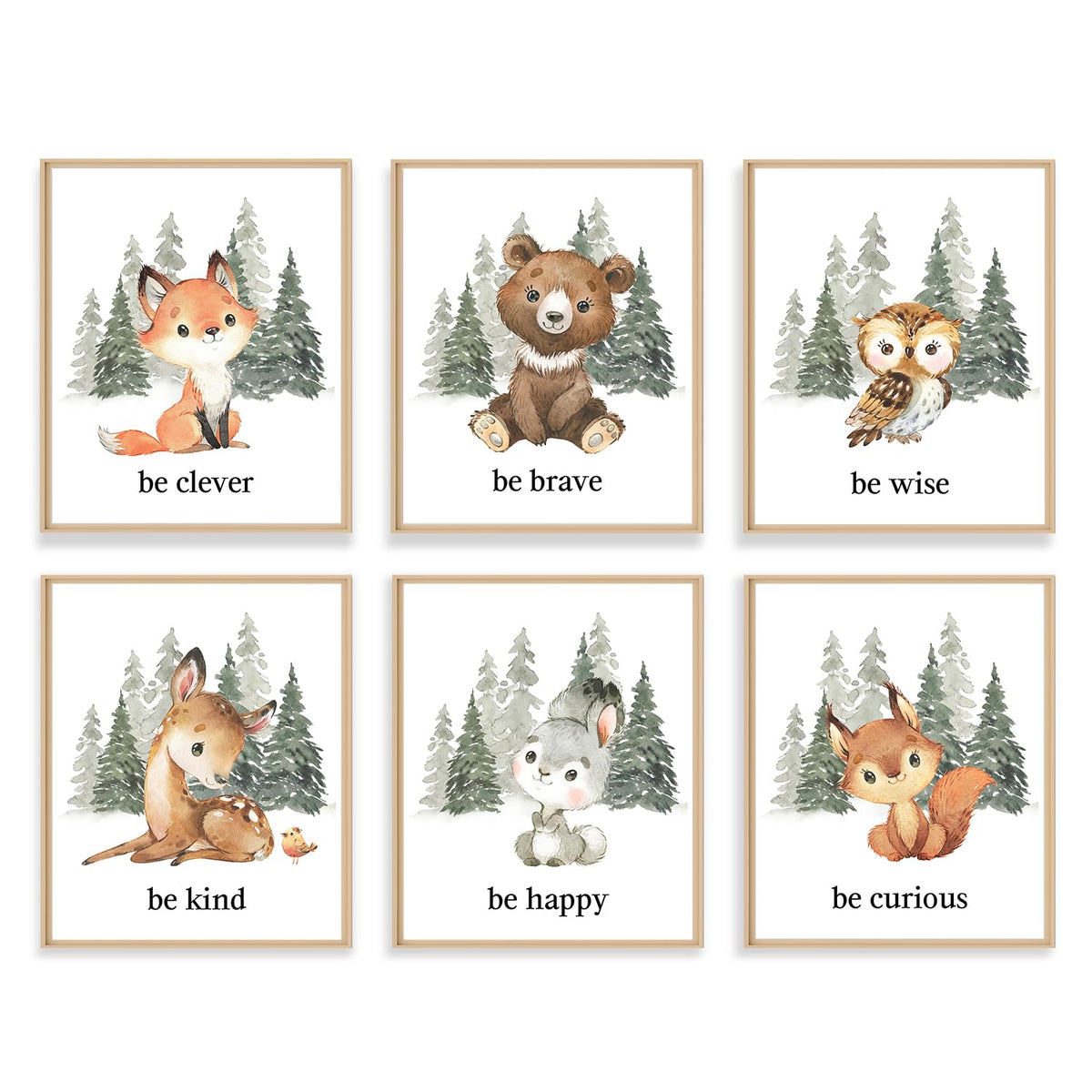 Dazzlewall 6 Pcs Nursery Animal Wall Art Poster Forest Deer Bear Fox Prints, Motivational Quotes Poster For For Baby Kids Room D