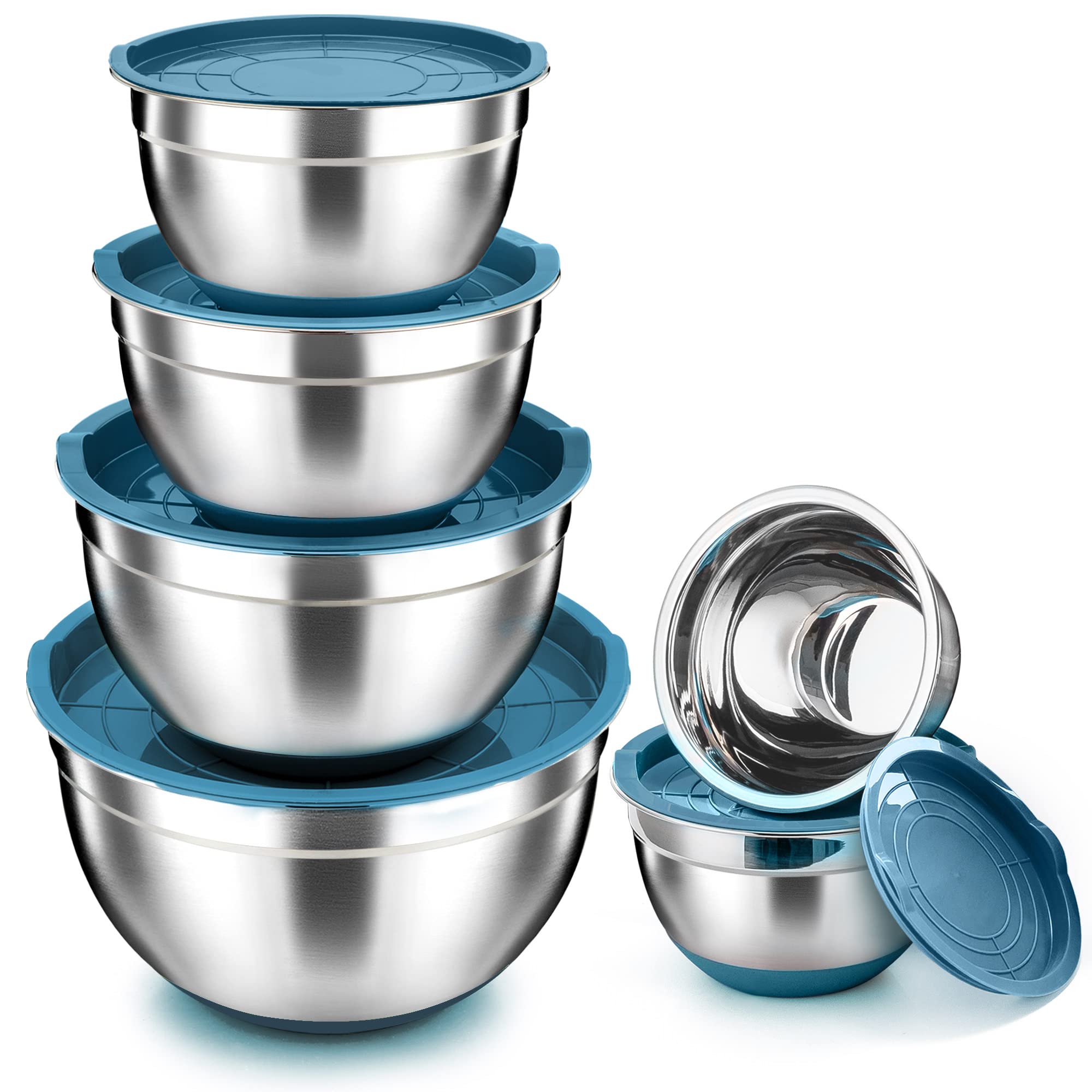 Teamfar Mixing Bowls With Lids For Kitchen, Set Of 6, Blue Stainless Steel Salad Bowl With Air-Tight Lid & Silicone Bottom, Non