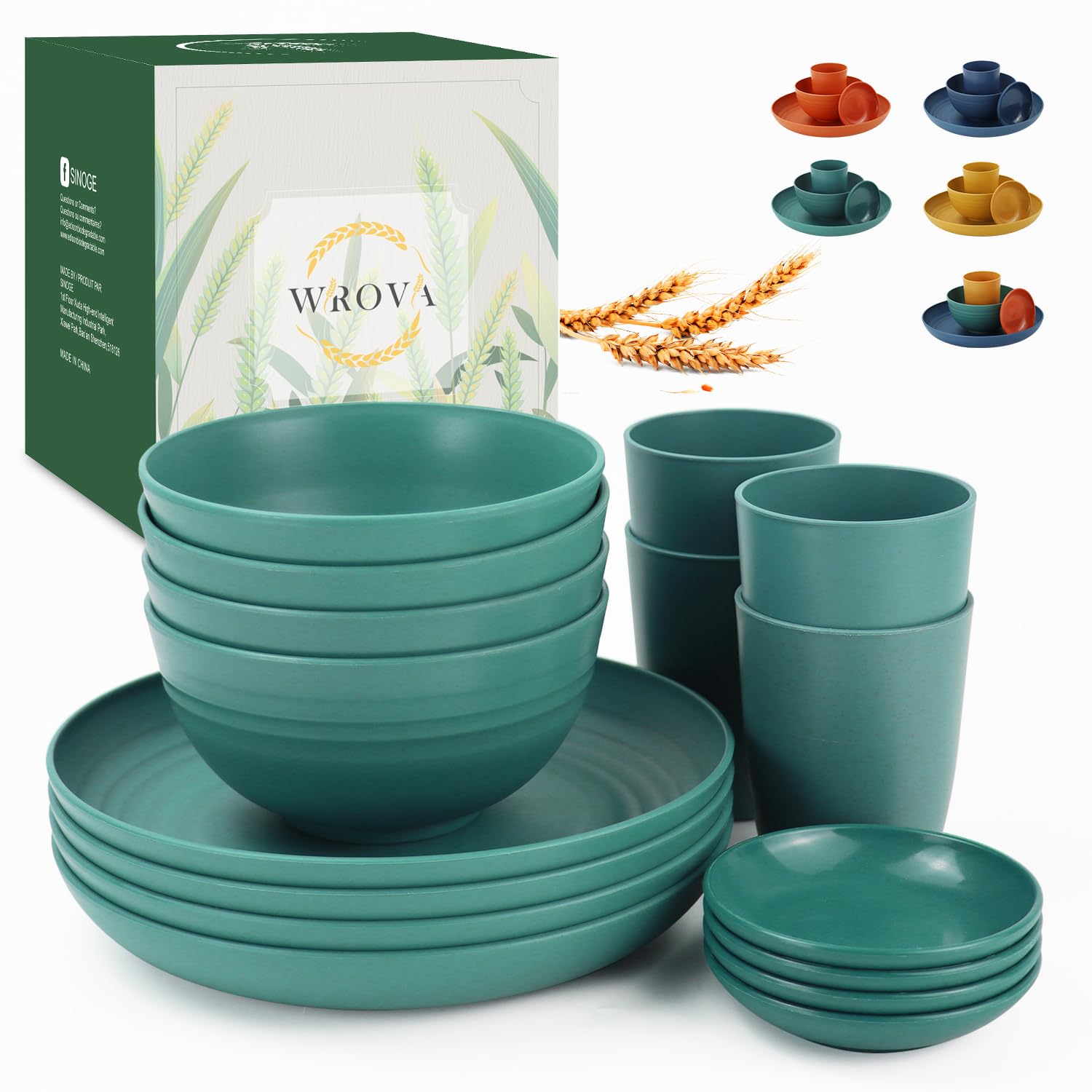 Wrova Wheat straw plates and bowls set of 16 - Unbreakable wheat straw dinnerware sets for kids - Alternative plastic dinnerware