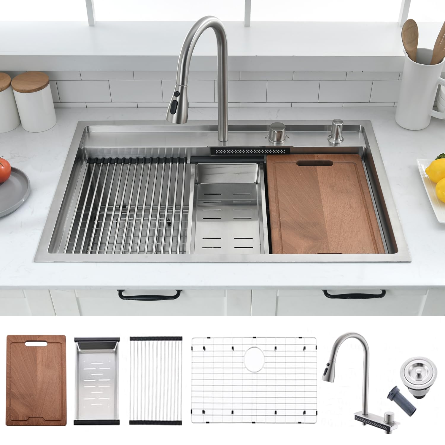 33 Inch Drop In Kitchen Sink Splash Guard Waterfall Workstation - Vokim 33X22-Inch Single Bowl Sink 16 Gauge Stainless Steel 10'