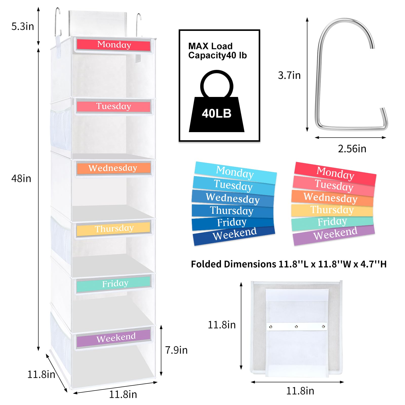 Fixwal 6-Shelf Weekly Hanging Closet Organizer For Kids With 6 Side Pockets Collapsible Weekday Kids Room Storage Organizer Dail