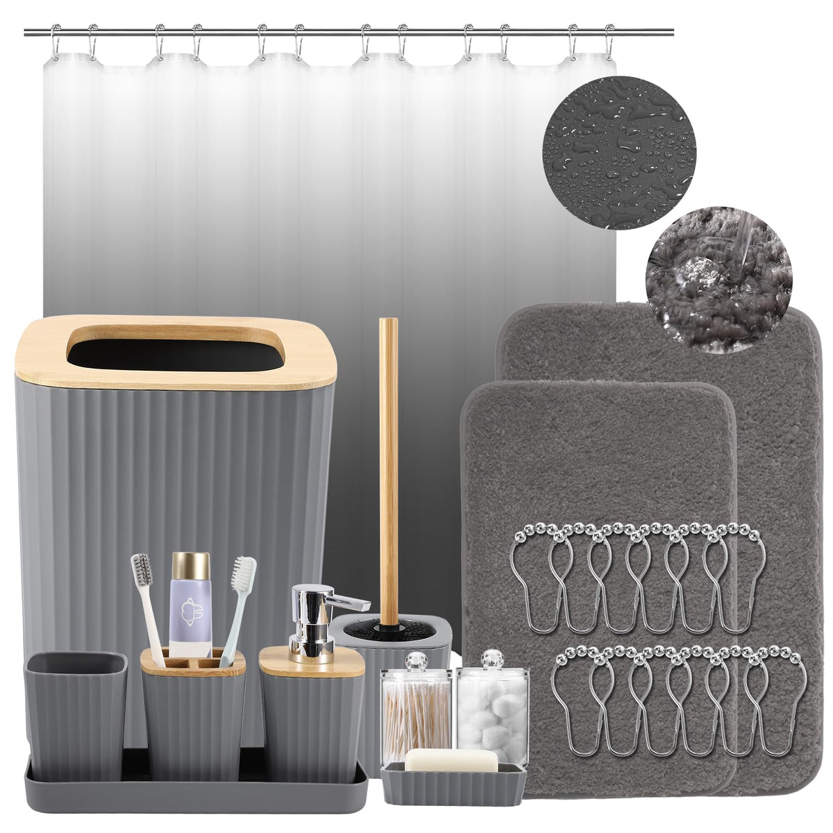 Xlhomo Bathroom Accessory Set-Bathroom Set With Shower Curtain And Rugs, No Slip Bathroom Rugs Super Absorbent, Grey Ombre Water
