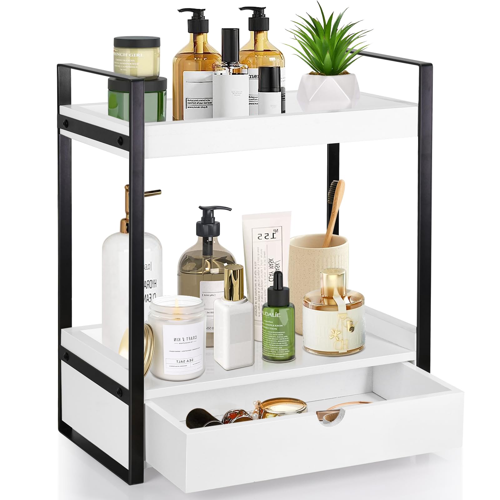 2-Tier Bathroom Organizer Countertop With Drawer, Wood Counter Shelf For Bathroom Storage, Vanity Tray For Bathroom Organization