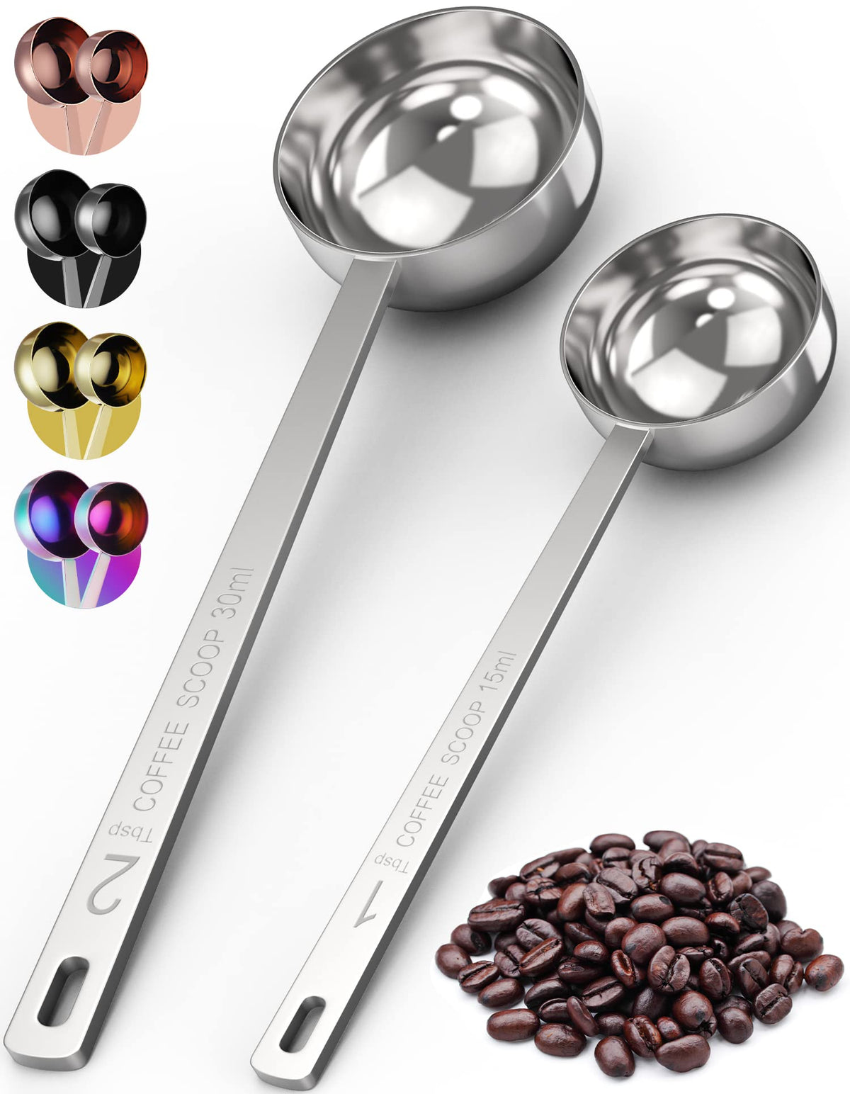 Orblue Premium Coffee Scoop Set - 1 Tbsp (15Ml) & 2 Tbsp (30Ml) Measuring Tablespoon - Stainless Steel Coffee Measuring Spoon An