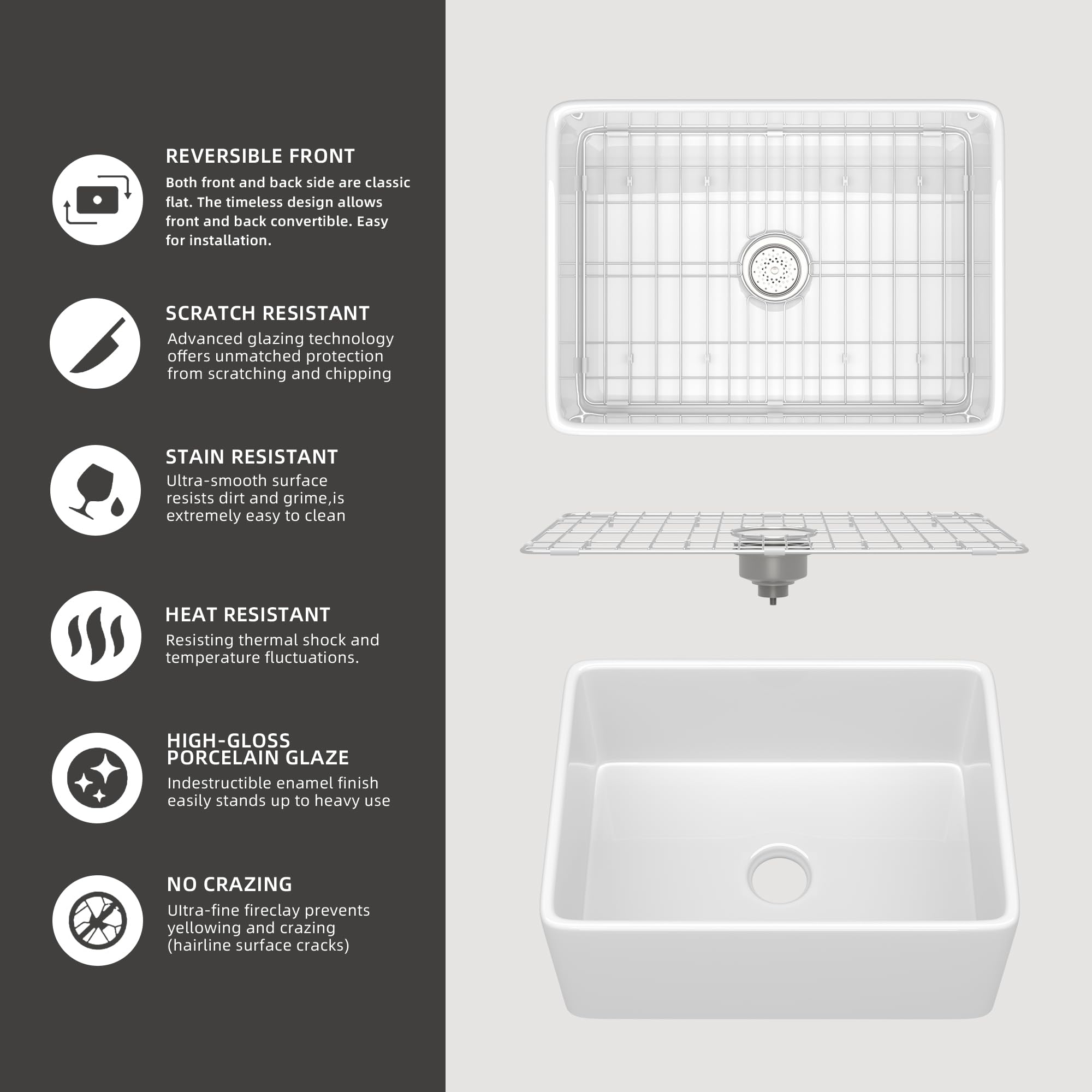 Zuagco Small Farmhouse Sink 24 X18 White Fireclay Apron Front Farm Sink Undermount Kitchen Sinks Deep Single Bowl Drop In Modern
