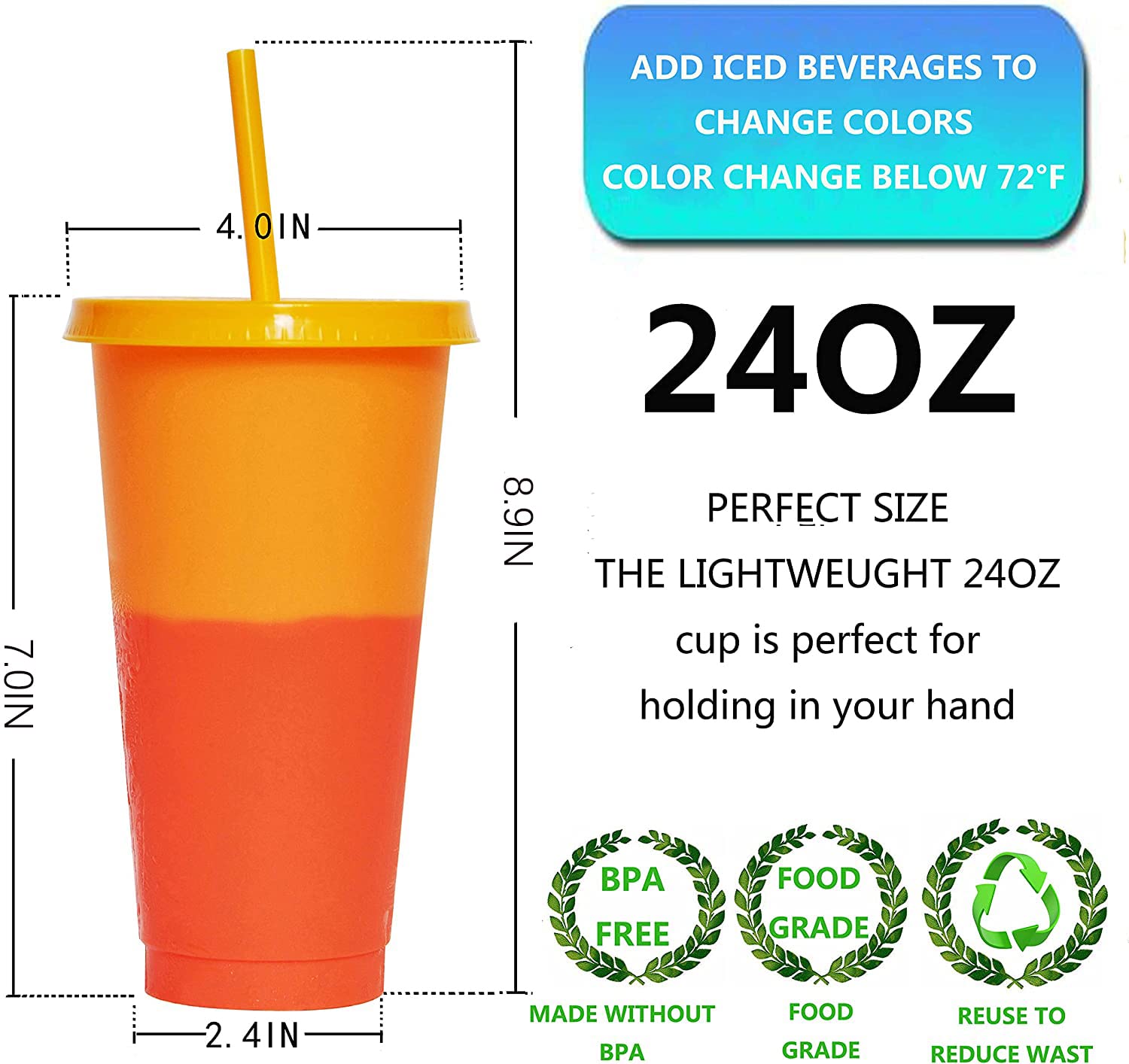 Color Changing Cups Set Cooler 24Oz Reusable Plastic Cold Drink Cups With Lids And Straws For Adults -With Lids And Straws In Br