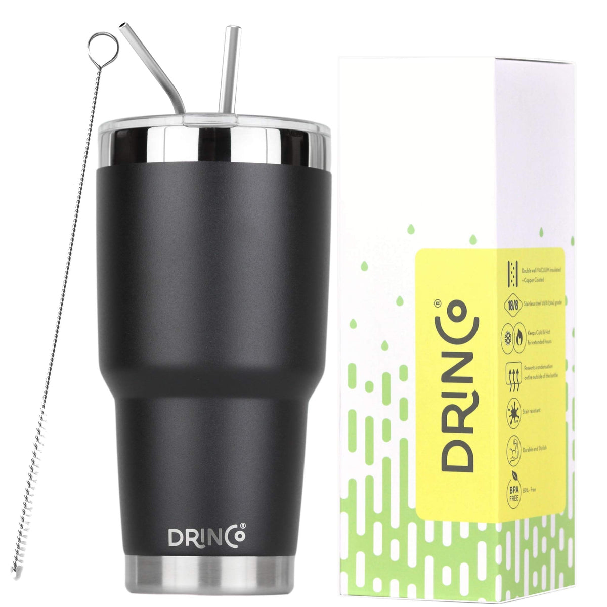 Drinco - 30 Oz Stainless Steel Tumbler  Double Walled Vacuum Insulated Mug With Lid, 2 Straws, For Hot & Cold Drinks (30Oz, 30Oz