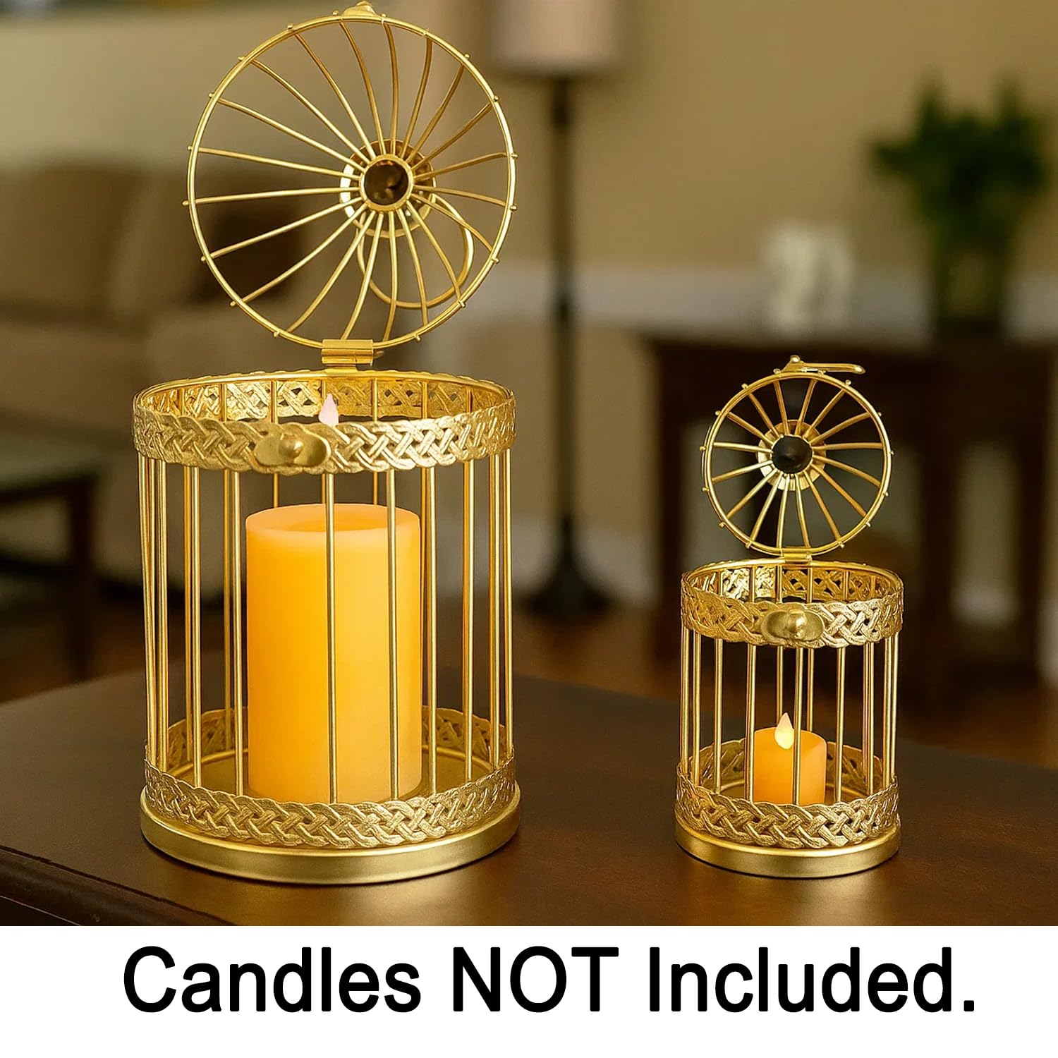 VELA LANTERNS Birdcage Decor Candle Holder Lantern Decorative Wedding Table Centerpiece Decorations, 10 and 6 Tall, Gold, Set of