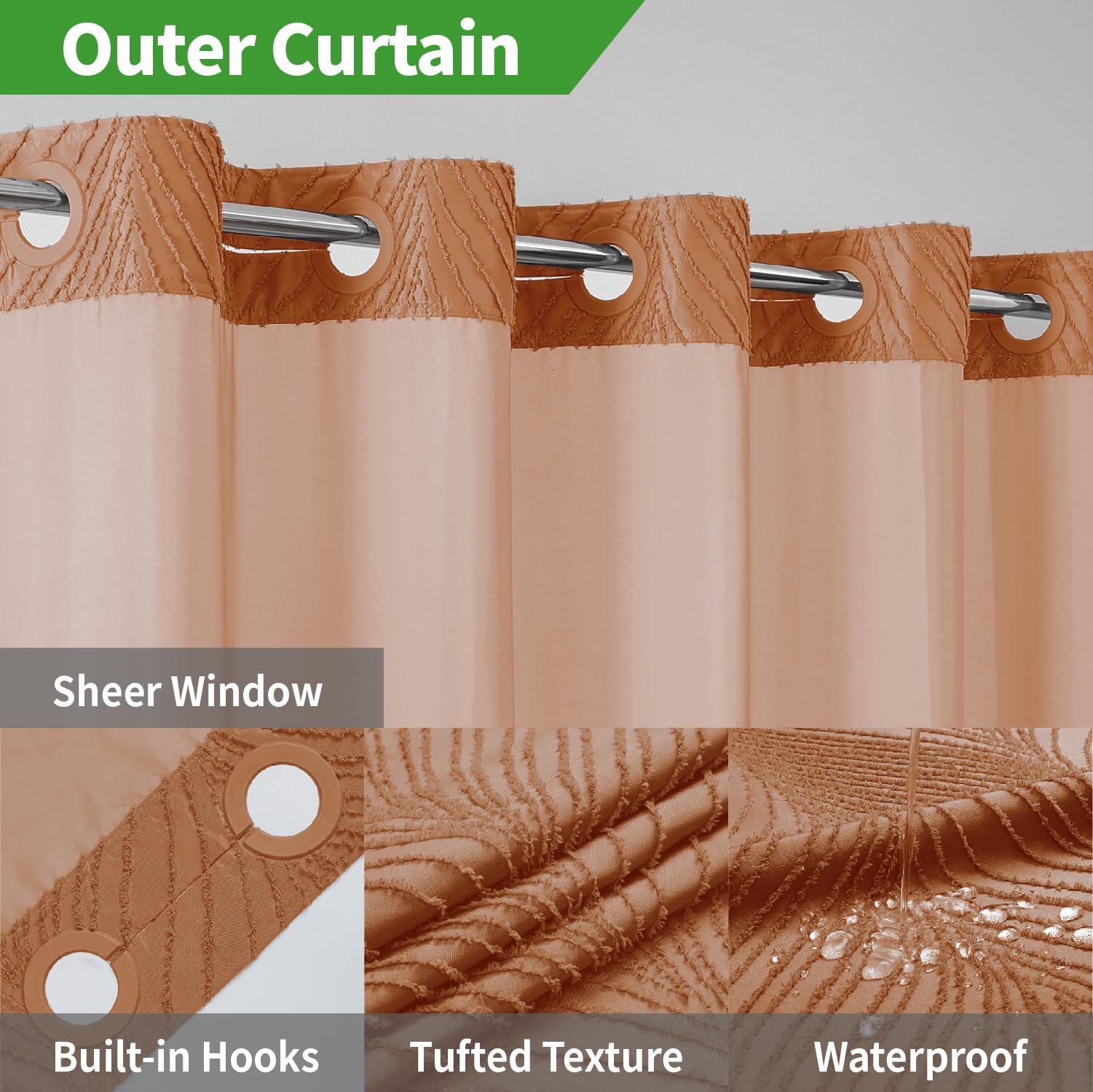 Eachope No Hook Shower Curtain And Liner Set,Boho Style With See Through Top Window, Burntorange Fabric Tufted Striped Textured