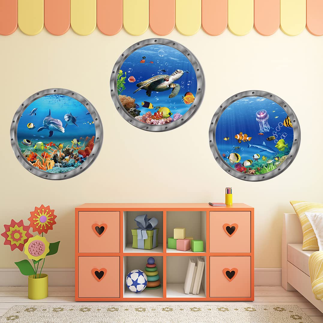 Ocean Animals World Under Sea Decor Includ Sea Turtles Dolphins Fishes 3 Pcs Removable 3D Peel And Stick Vinyl Stickers For Bath