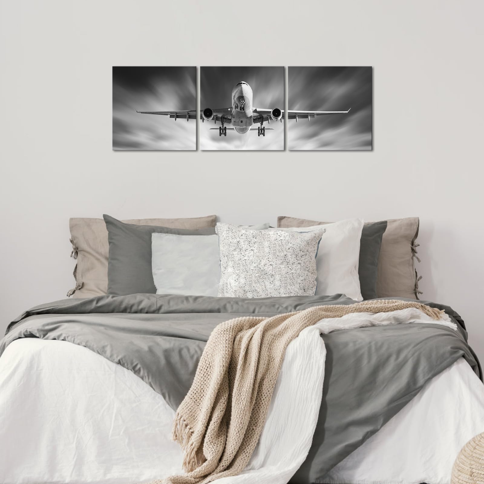 Klvos Black And White Airplane Wall Art Aircraft In Flight Pictures Print On Canvas For Boy Room Home Office Decoration Vintage