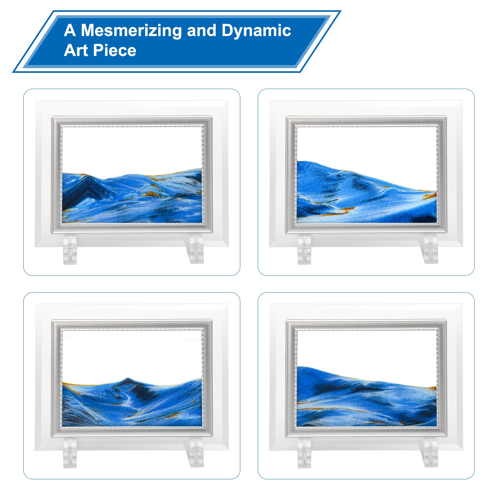 Coitak Moving Sand Art Picture, 7"x5" Blue Desktop Decor, Plastic Dynamic Sand Art for Home and Office