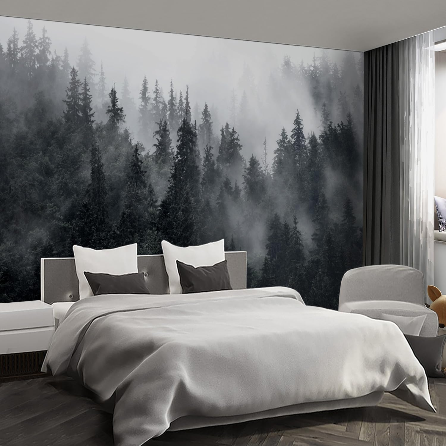 Fightal - Misty Forest Landscape Large wall murals Woodland Tree Peel and Stick self Adhesive Wallpaper for Bedroom Living Room 