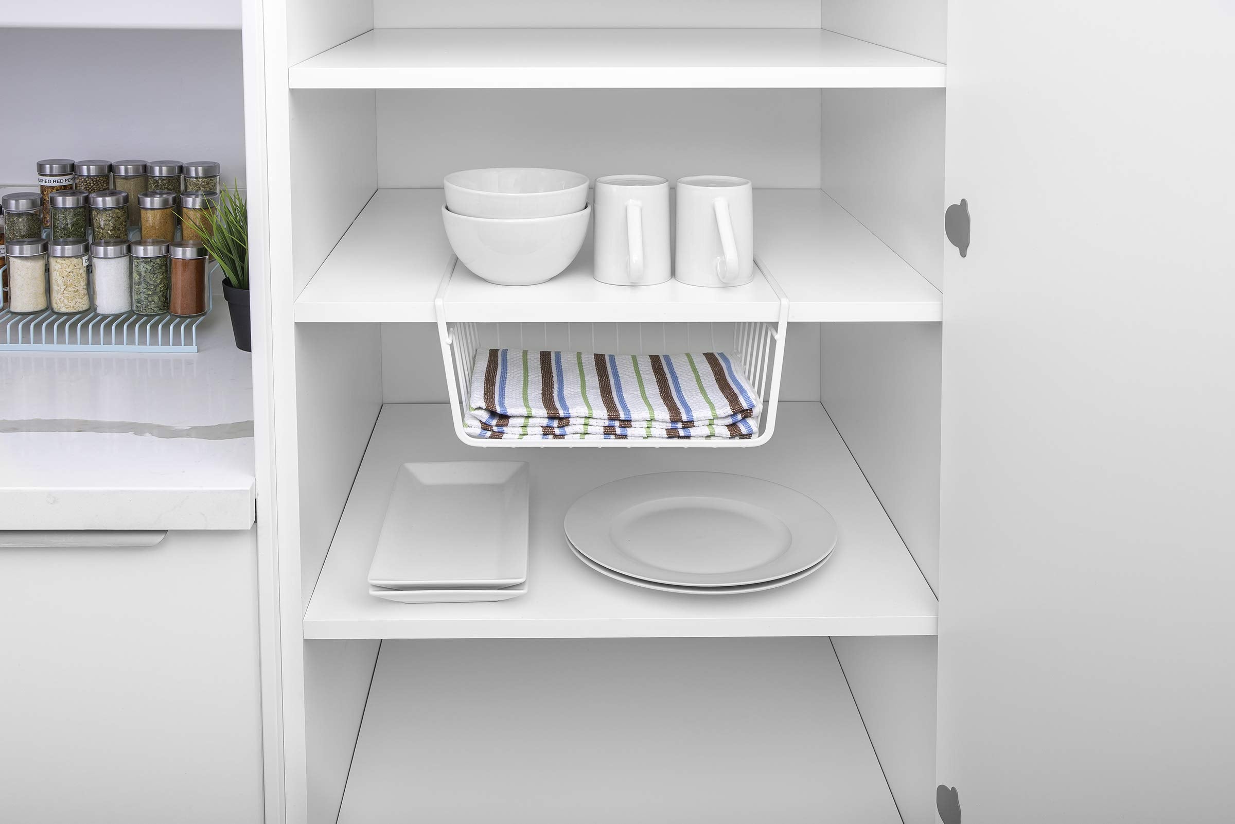 Smart Design Undershelf Storage Basket - Small - Snug Fit Arms - Steel Metal Wire - Rust Resistant Finish - Cabinet, Pantry, She