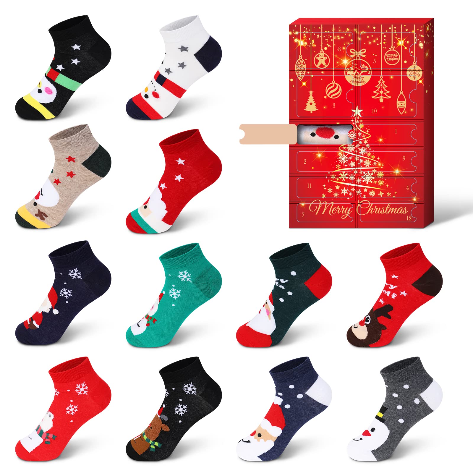 MJartoria Christmas Sock Advent Calendar 2025 Kids -12 Days of Advent Box Socks Christmas Countdown, Santa Elk Snowman Pattern f