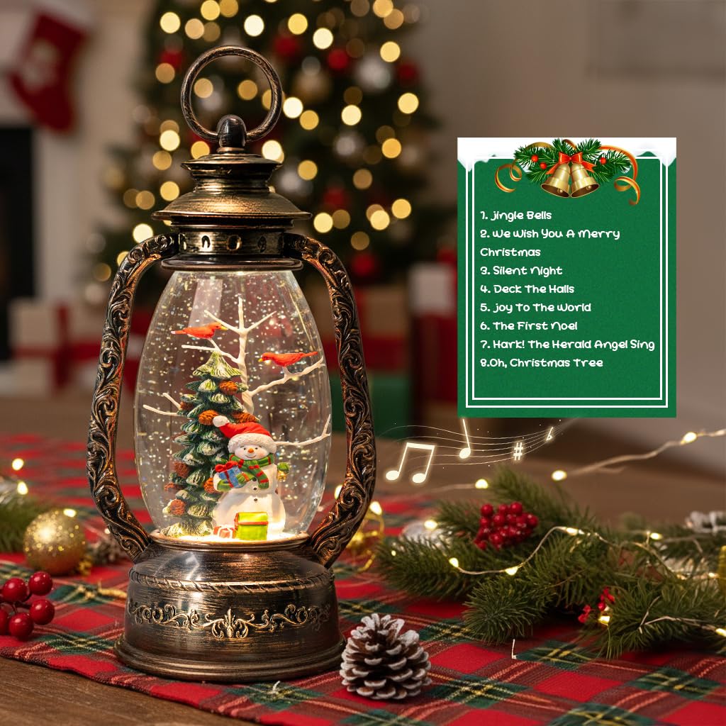 12 Christmas Musical Snow Globe Lantern Spinning Water Glittering Snowman with Holiday Tree Scene, Battery & USB Powered Light