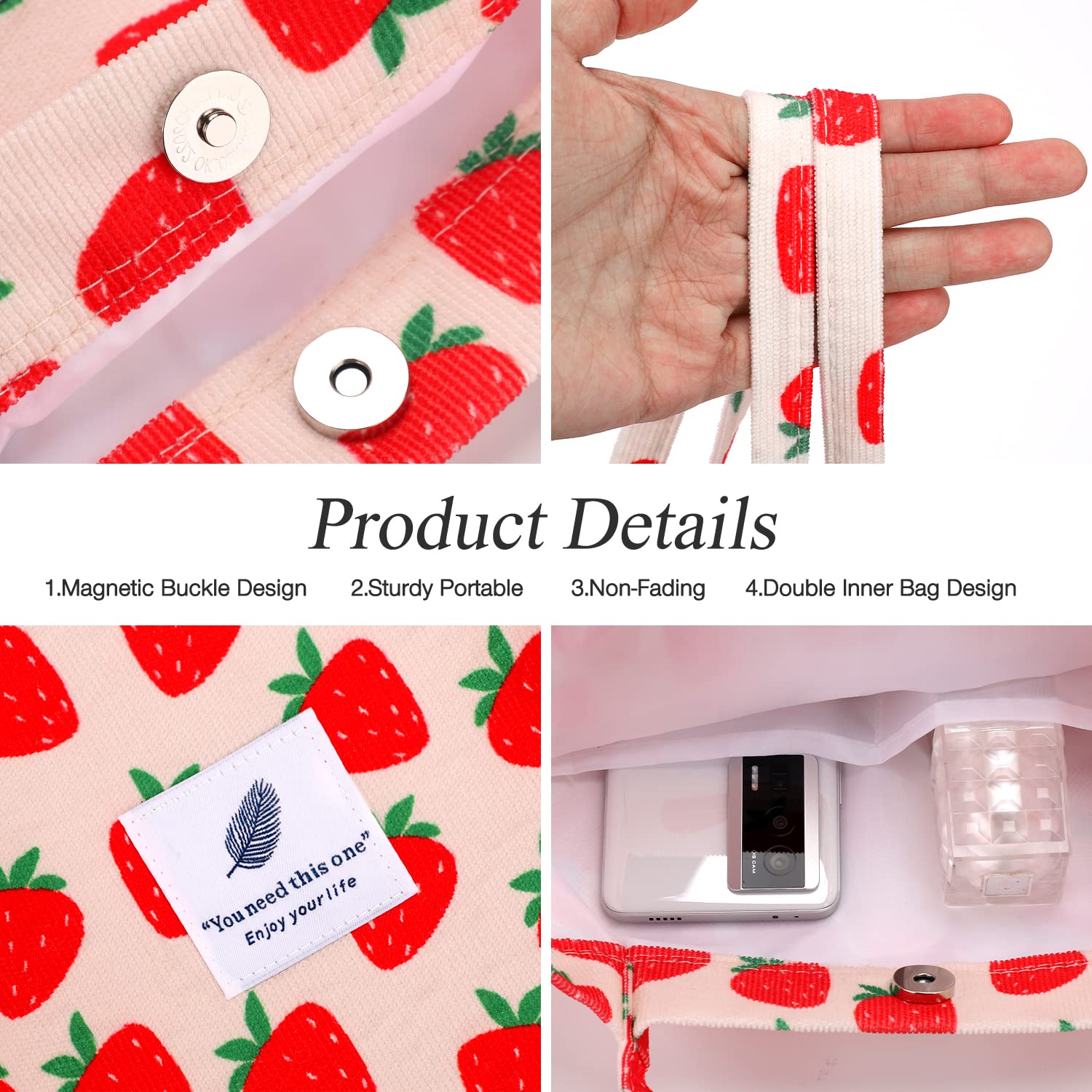 Lhmtqvk Corduroy Tote Bags For Women, Large Capacity Corduroy Bag Reusable Grocery Shoulder Bag With Inner Pockets(Strawberry)